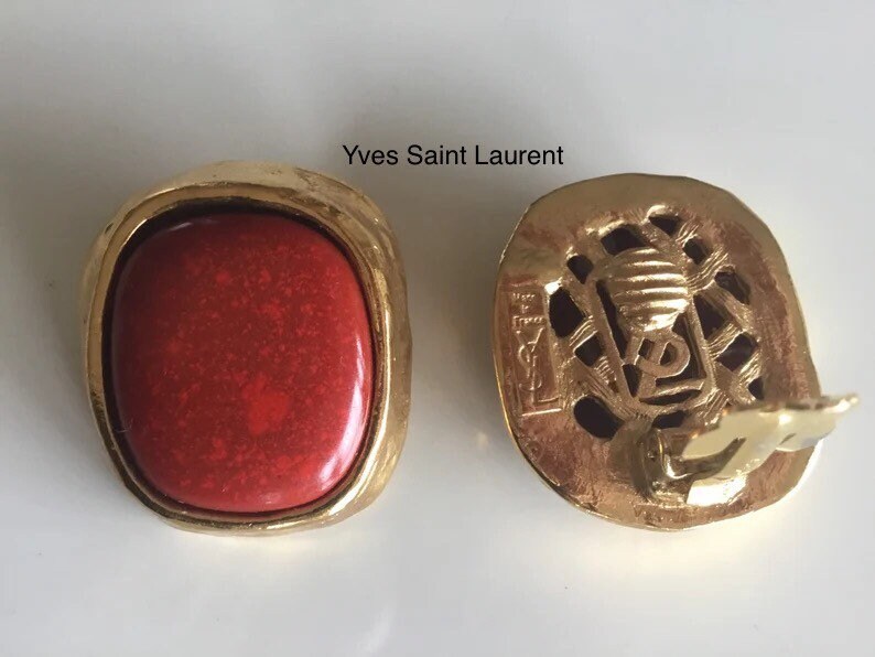 Vintage Earrings | Yves Saint Laurent Gold Plated [1980s] Red Cabochon French — photo 3 of 8