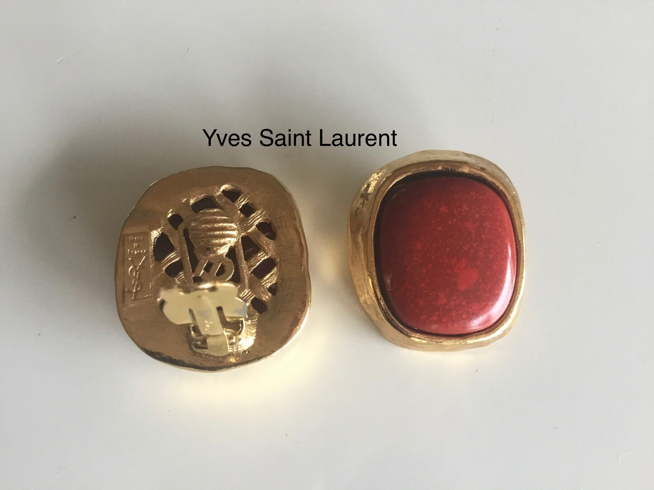 Vintage Earrings | Yves Saint Laurent Gold Plated [1980s] Red Cabochon French — photo 4 of 8