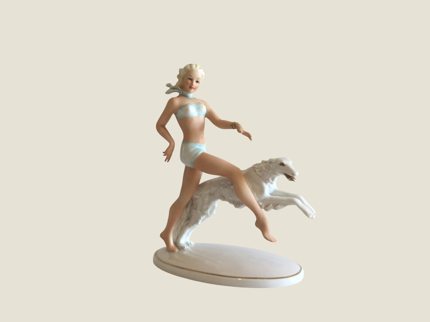 Vintage Porcelain Figurine | Schaubach-Kunst 1960s Germany, Woman with Greyhound