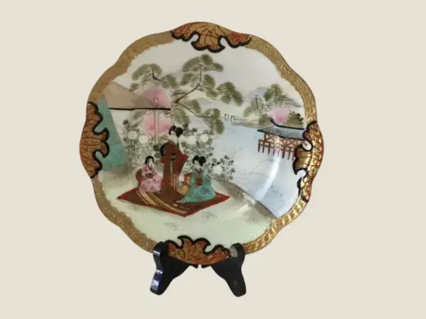 Vintage Japanese Plate | 1910s Hand Painted Nippon Porcelain, Gold Rim Kimono Scene