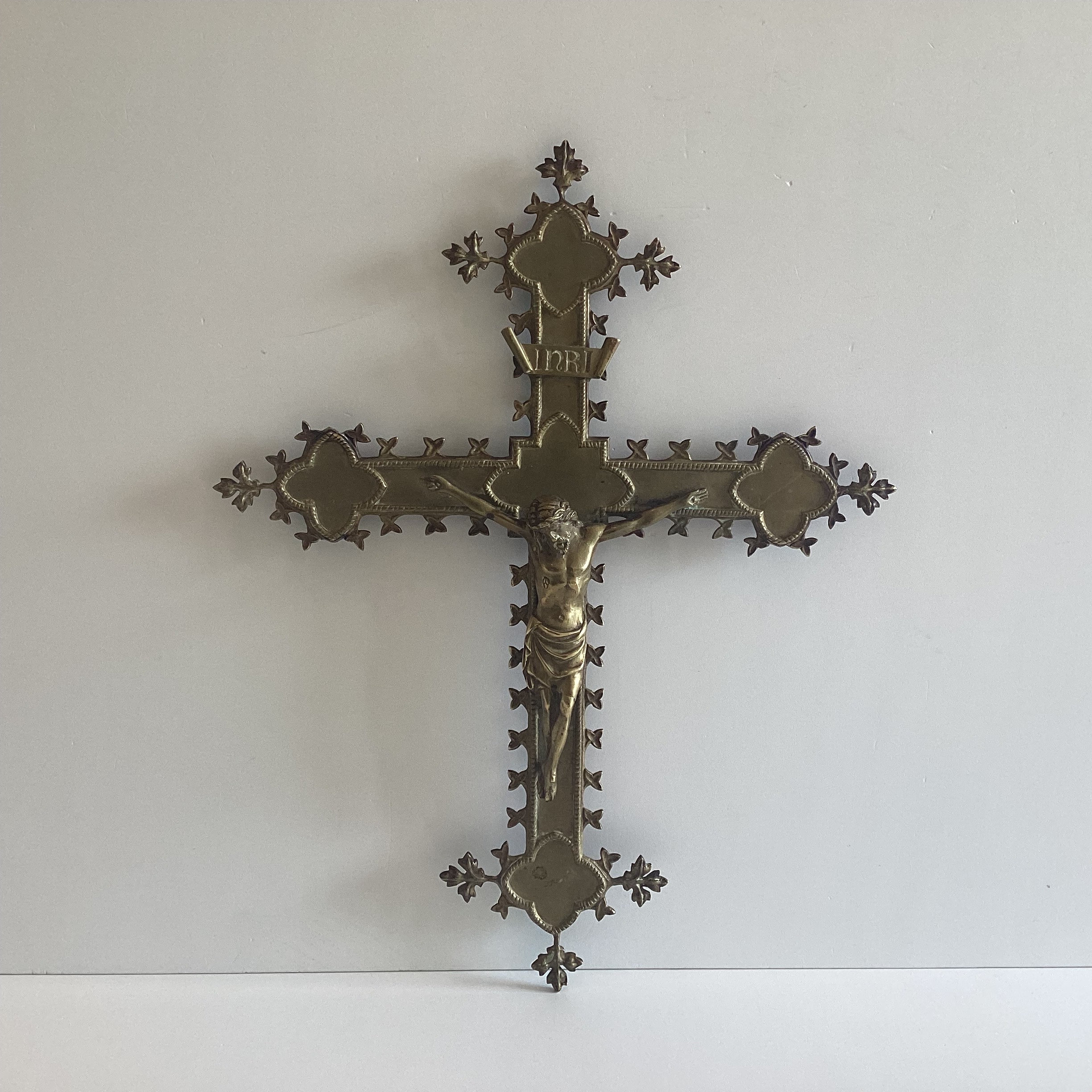 Antique Crucifix | 1800s French Neo-Gothic Copper Cross, Bronze Christ Figure — photo 2 of 8