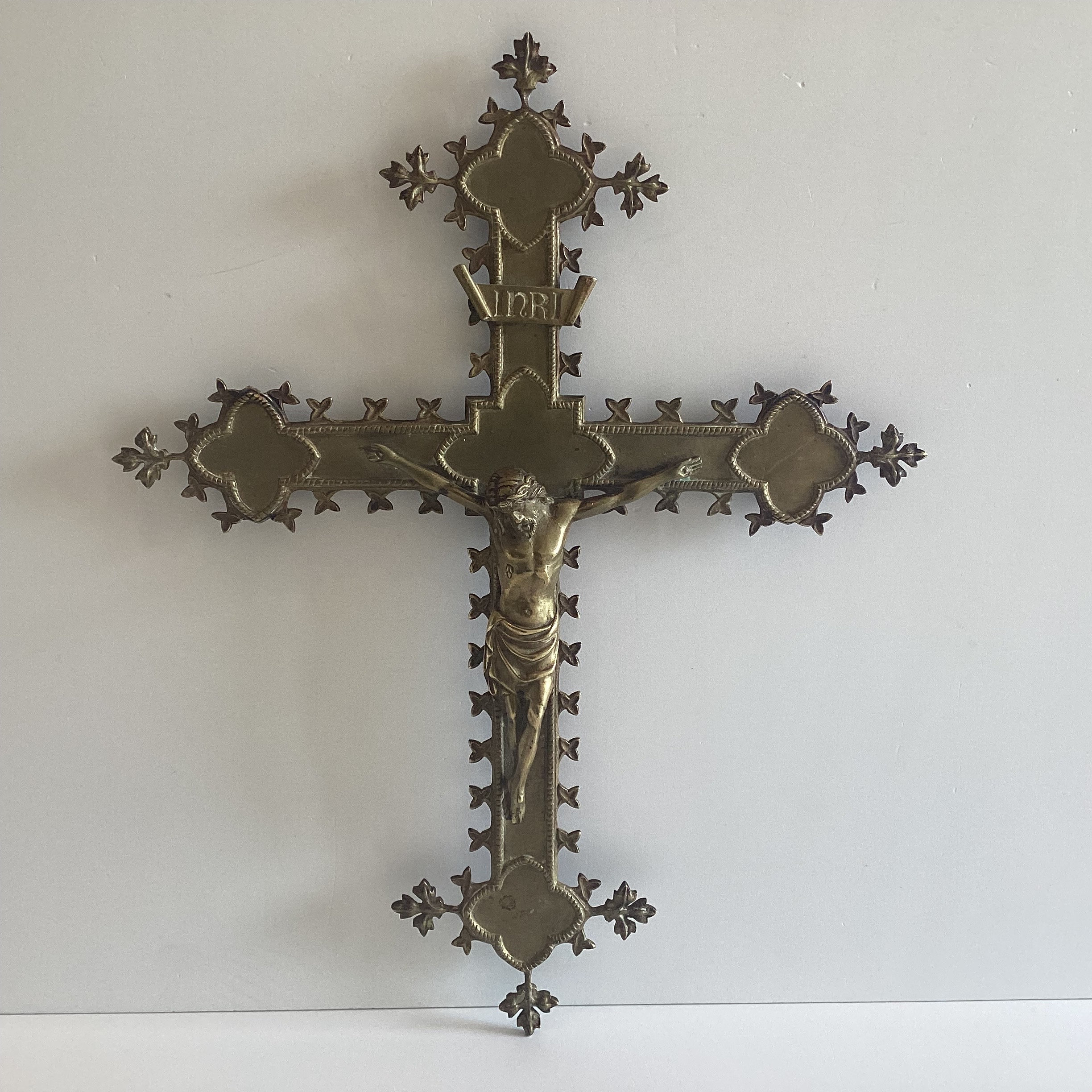 Antique Crucifix | 1800s French Neo-Gothic Copper Cross, Bronze Christ Figure — photo 3 of 8