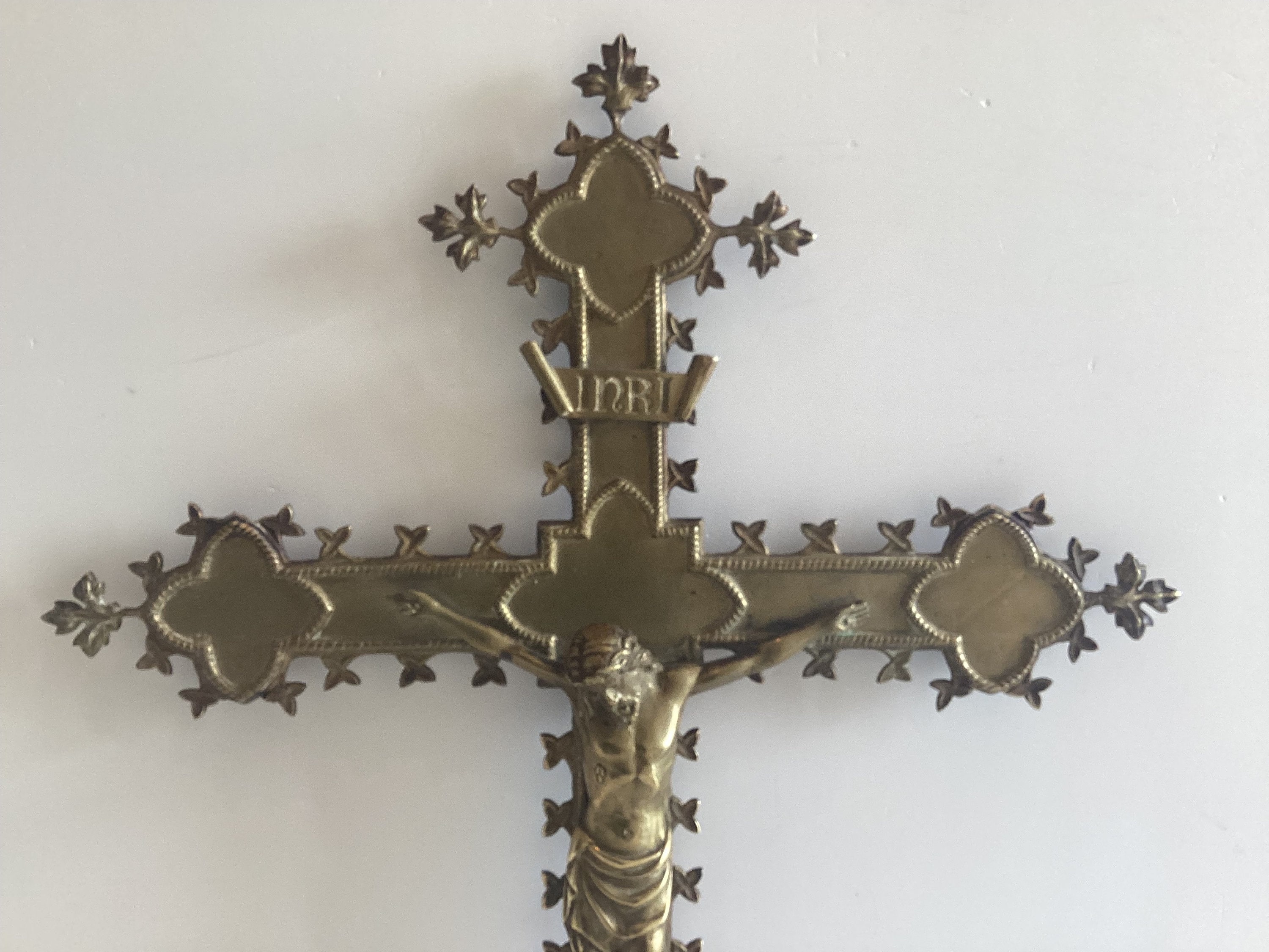 Antique Crucifix | 1800s French Neo-Gothic Copper Cross, Bronze Christ Figure — photo 5 of 8