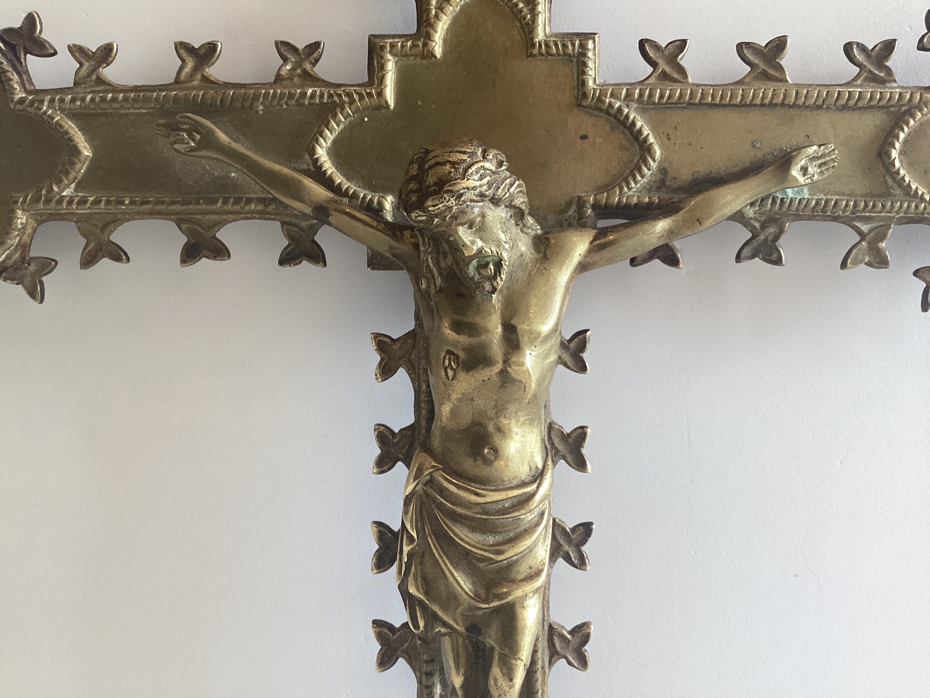 Antique Crucifix | 1800s French Neo-Gothic Copper Cross, Bronze Christ Figure — photo 6 of 8