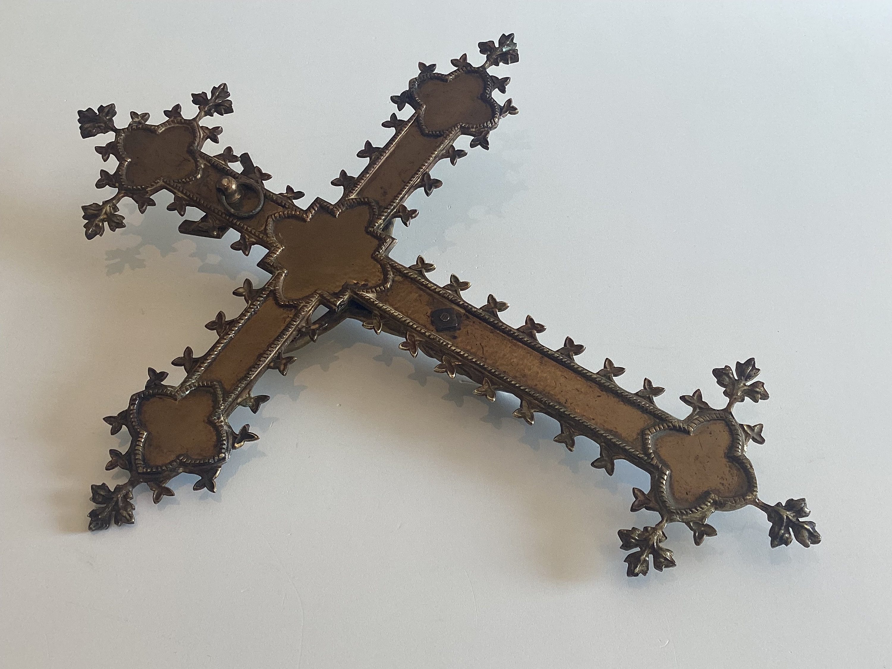 Antique Crucifix | 1800s French Neo-Gothic Copper Cross, Bronze Christ Figure — photo 8 of 8