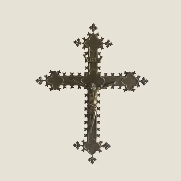 Antique Crucifix | 1800s French Neo-Gothic Copper Cross, Bronze Christ Figure