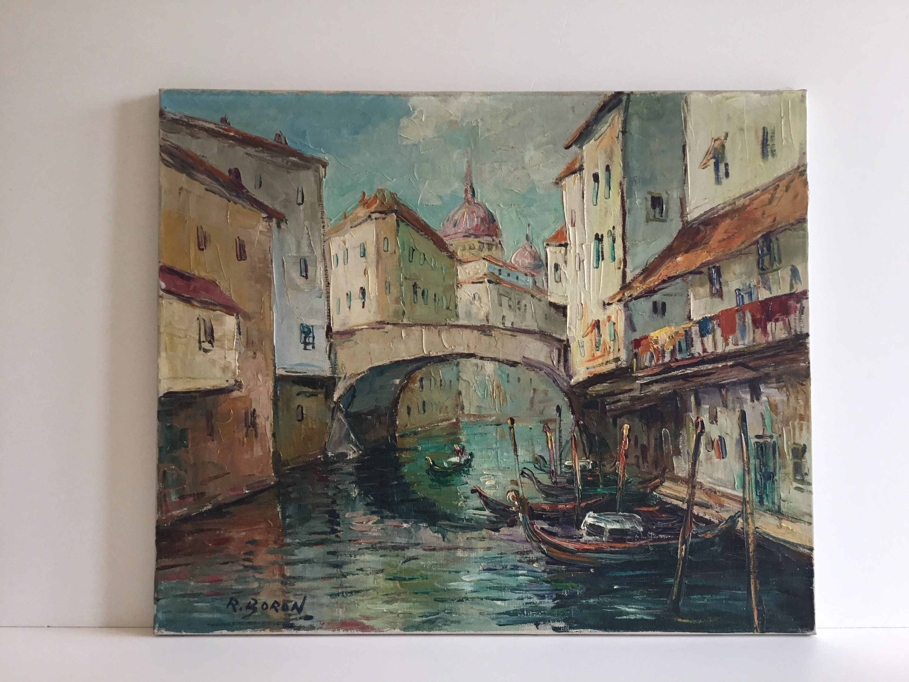 Vintage Painting | 1950s Venetian Landscape R. Boron, Italian Marina Oil on Canvas — photo 2 of 10