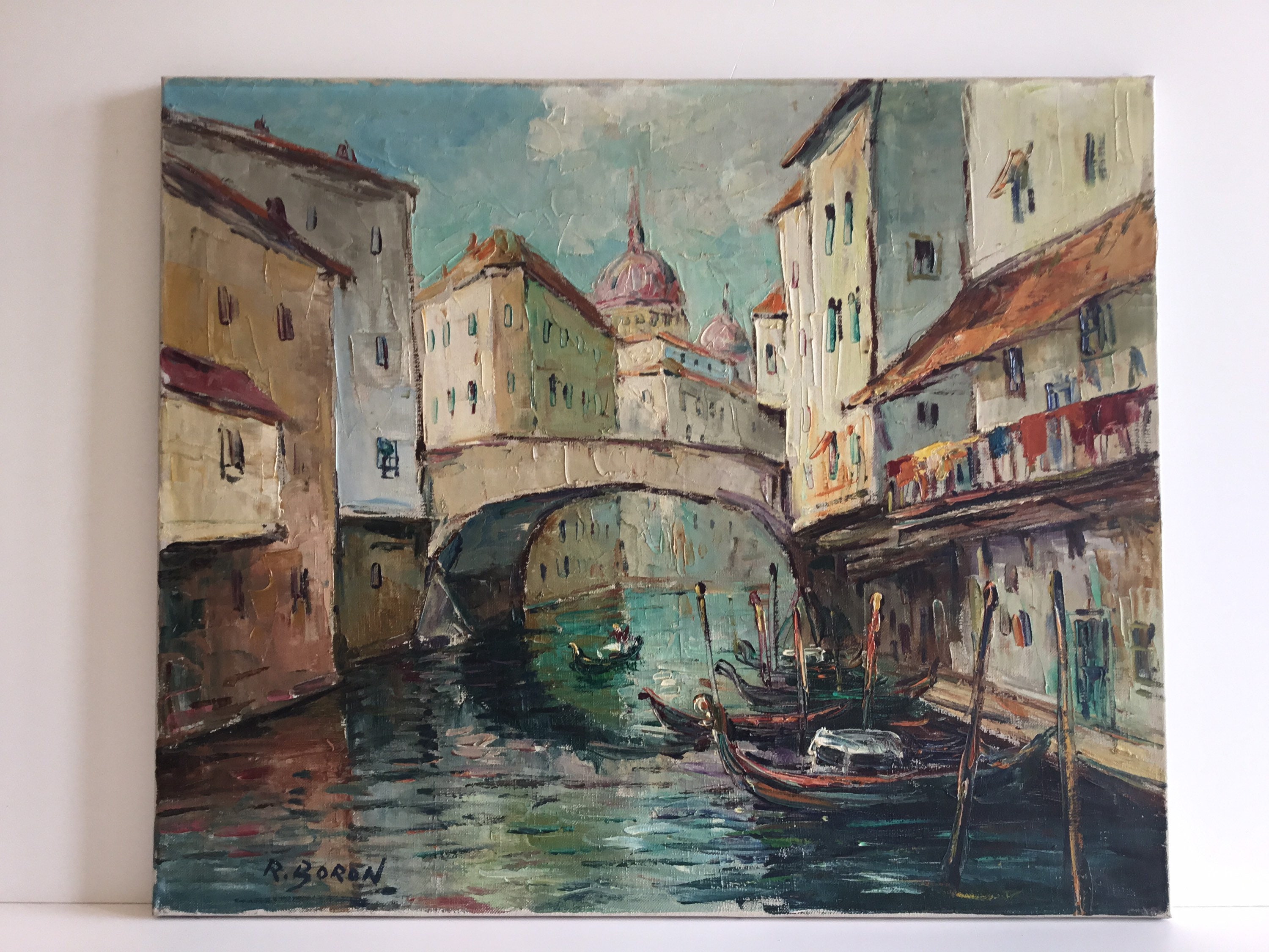 Vintage Painting | 1950s Venetian Landscape R. Boron, Italian Marina Oil on Canvas — photo 3 of 10