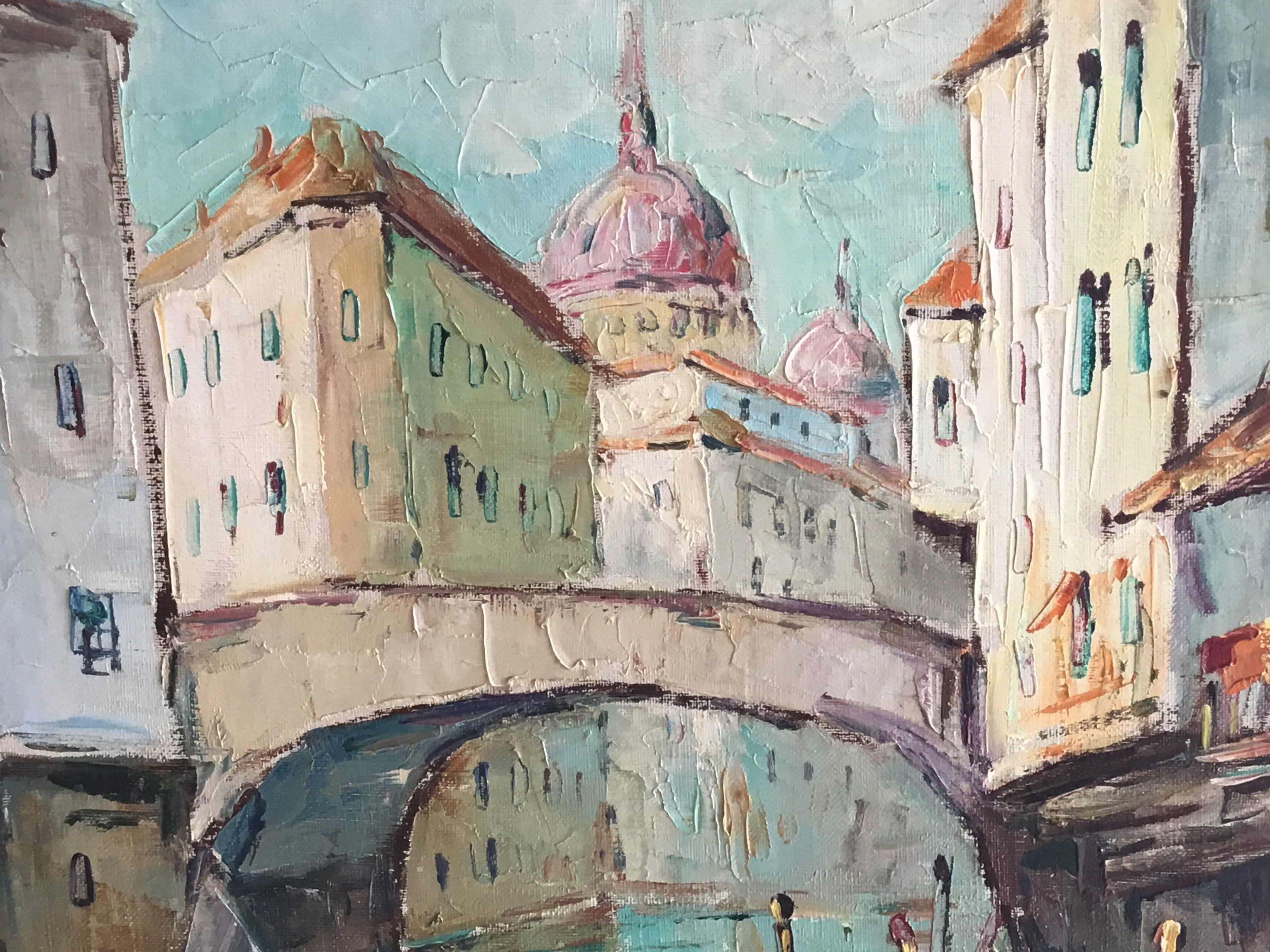 Vintage Painting | 1950s Venetian Landscape R. Boron, Italian Marina Oil on Canvas — photo 4 of 10