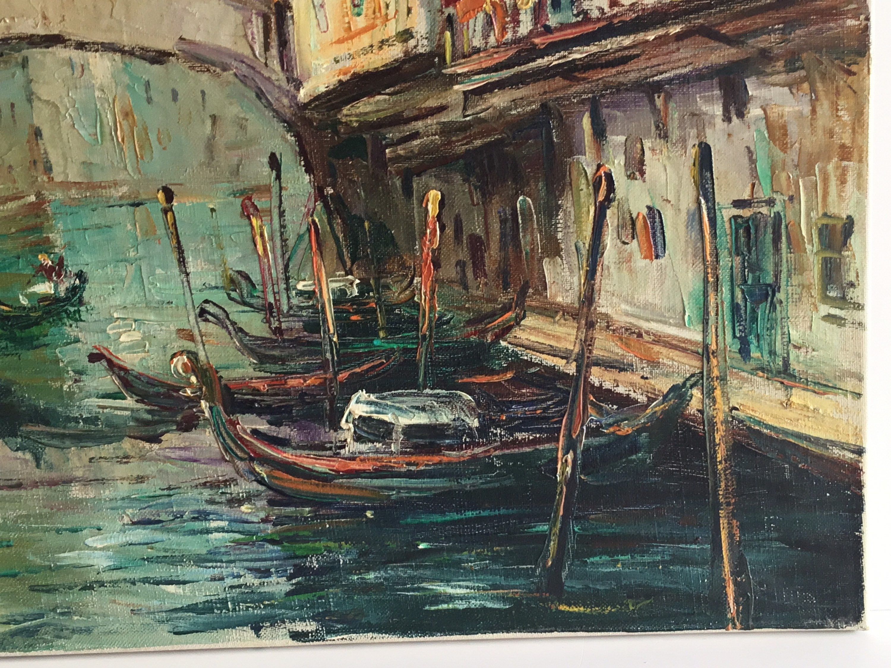 Vintage Painting | 1950s Venetian Landscape R. Boron, Italian Marina Oil on Canvas — photo 7 of 10