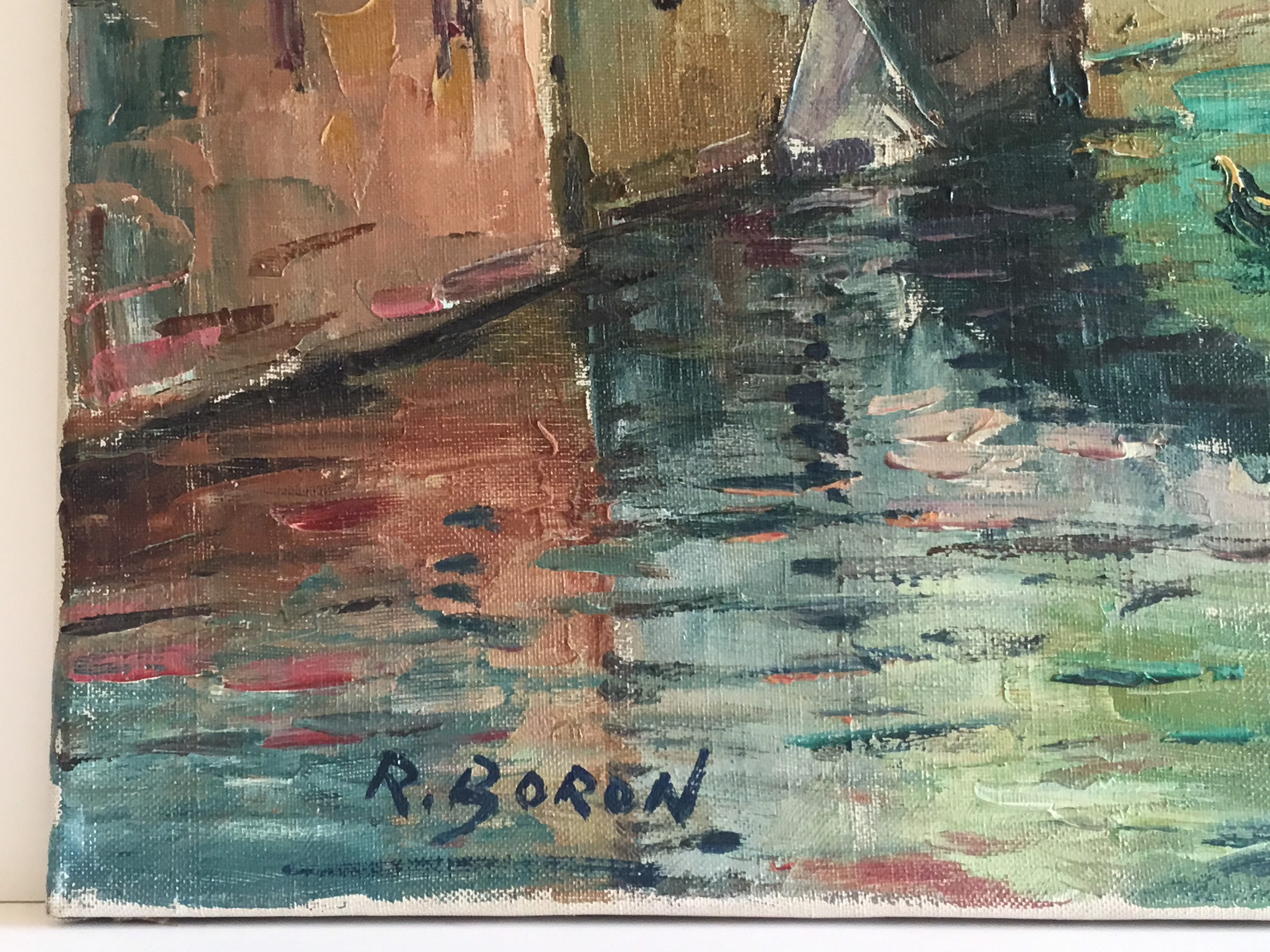 Vintage Painting | 1950s Venetian Landscape R. Boron, Italian Marina Oil on Canvas — photo 9 of 10