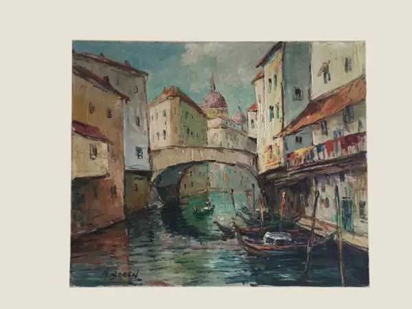 Vintage Painting | 1950s Venetian Landscape R. Boron, Italian Marina Oil on Canvas