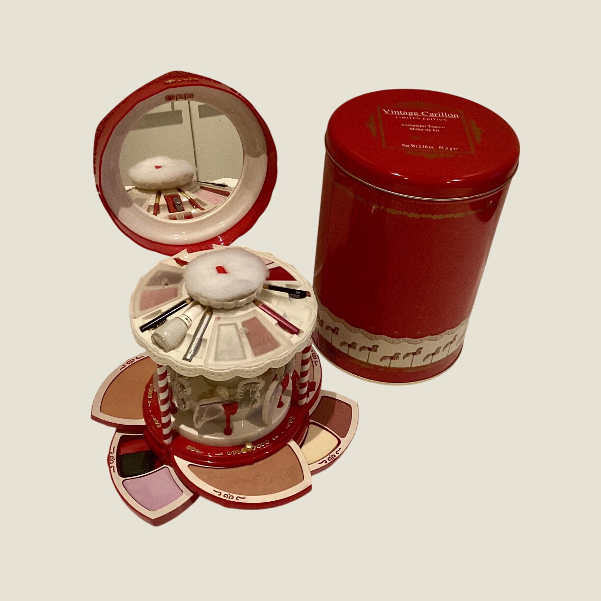 Vintage Vanity Pupa Milano Carousel Carillon Music Box, 1993 Limited Edition with Tin Box