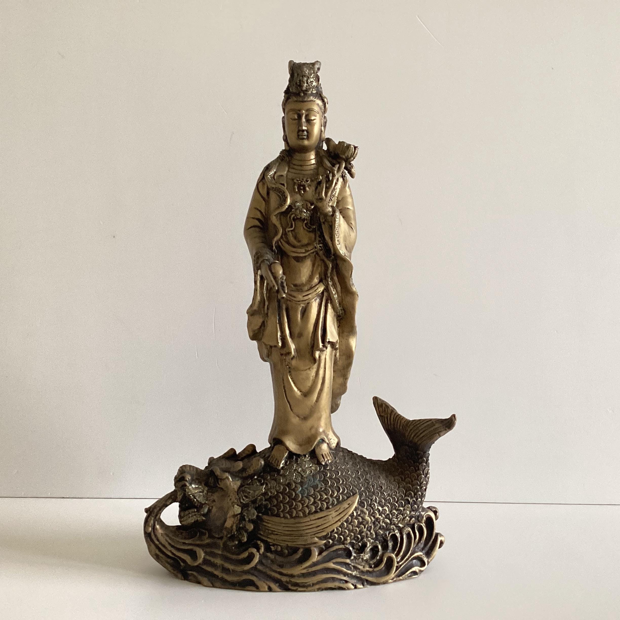 Antique Chinese Statue | Guan Yin with Dragon Fish, 1900s Brass Alloy Buddhist Sculpture — photo 2 of 11