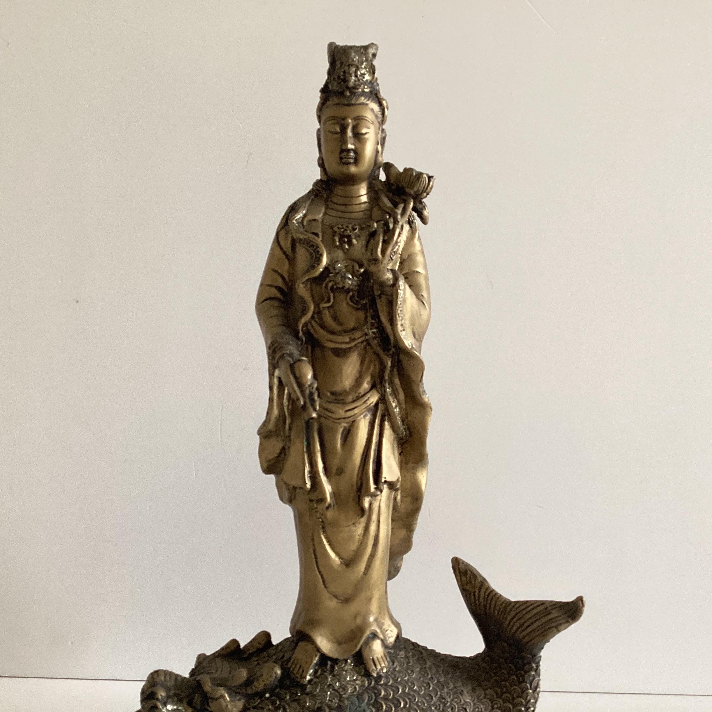 Antique Chinese Statue | Guan Yin with Dragon Fish, 1900s Brass Alloy Buddhist Sculpture — photo 3 of 11