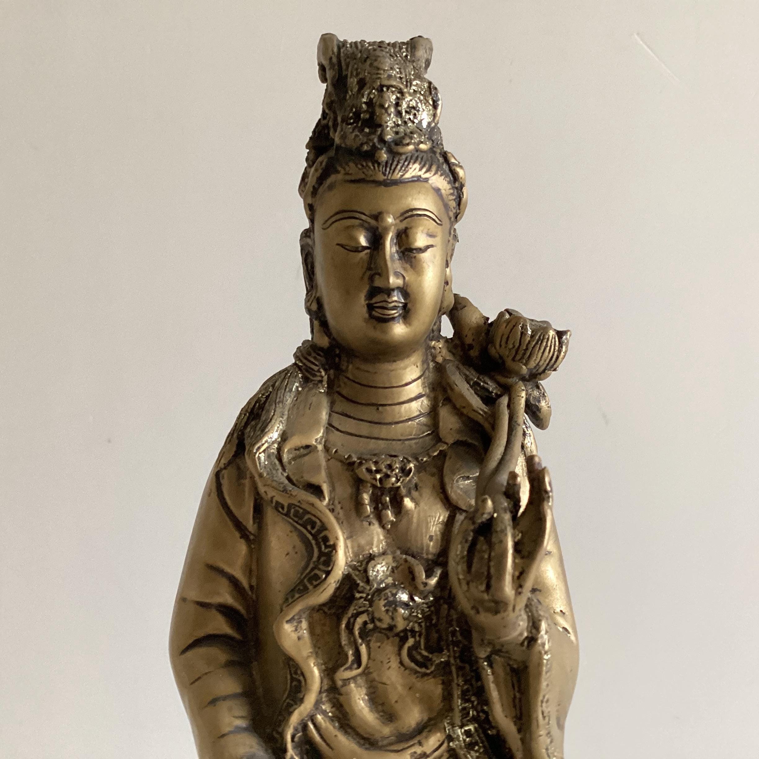 Antique Chinese Statue | Guan Yin with Dragon Fish, 1900s Brass Alloy Buddhist Sculpture — photo 4 of 11