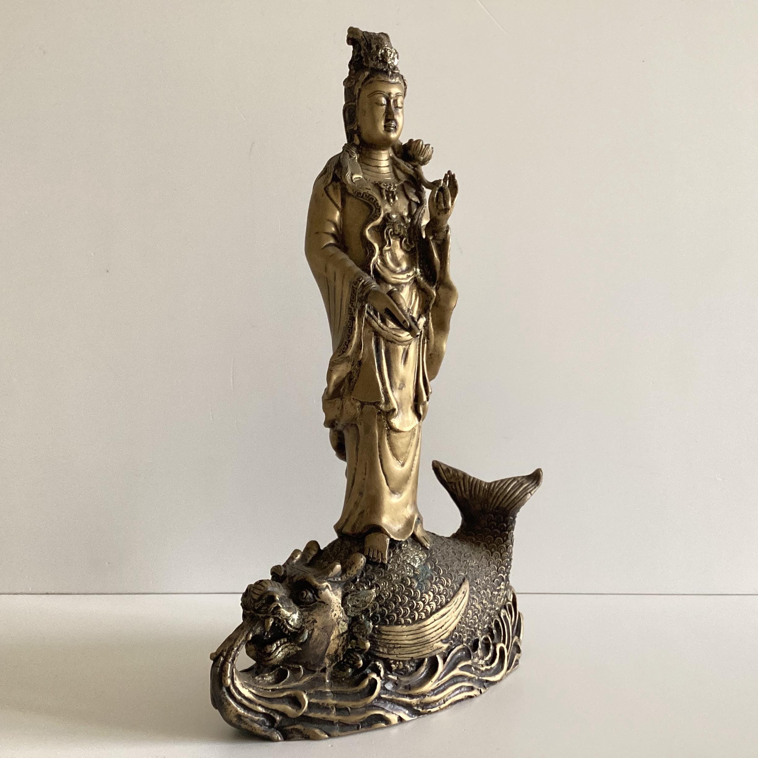 Antique Chinese Statue | Guan Yin with Dragon Fish, 1900s Brass Alloy Buddhist Sculpture — photo 5 of 11