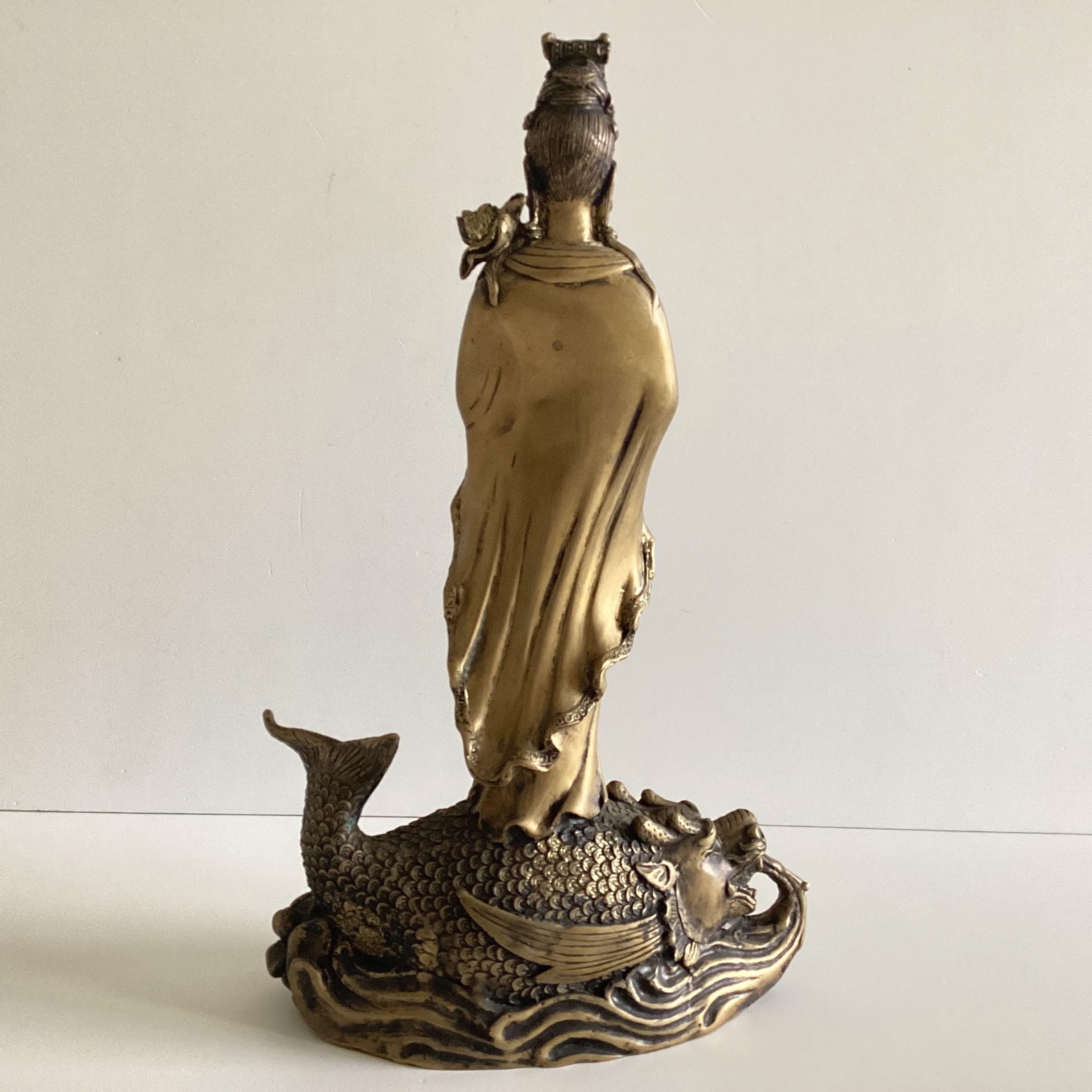 Antique Chinese Statue | Guan Yin with Dragon Fish, 1900s Brass Alloy Buddhist Sculpture — photo 6 of 11