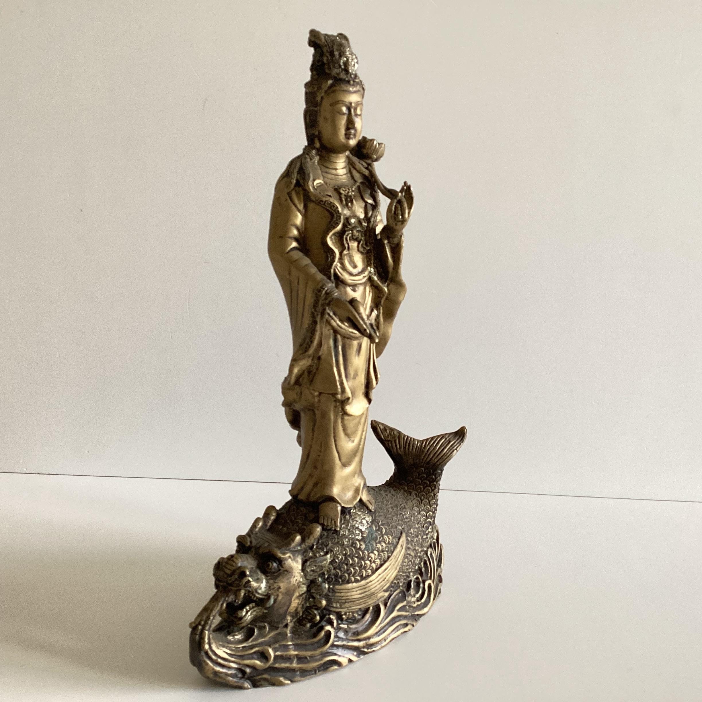 Antique Chinese Statue | Guan Yin with Dragon Fish, 1900s Brass Alloy Buddhist Sculpture — photo 7 of 11