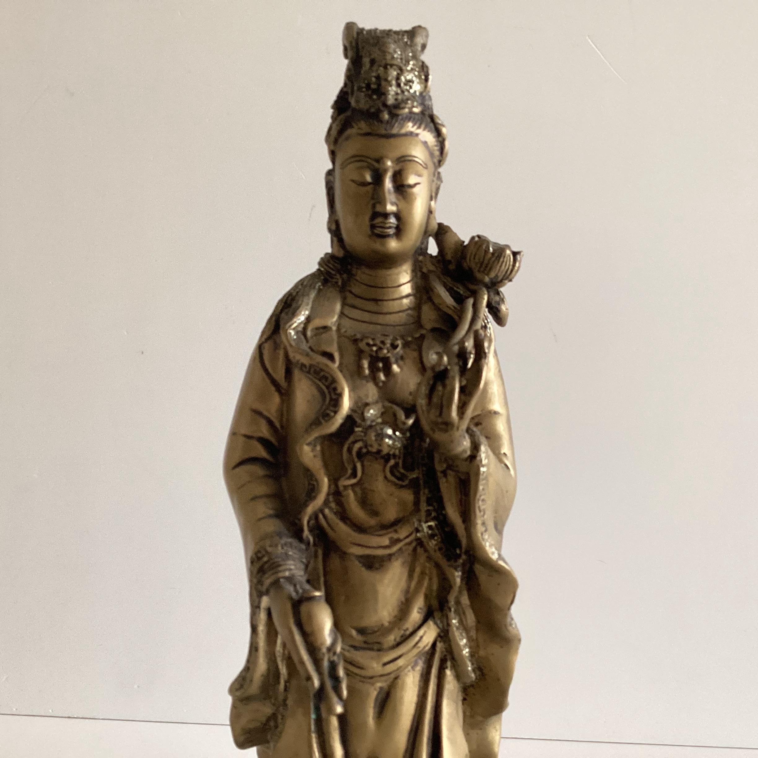 Antique Chinese Statue | Guan Yin with Dragon Fish, 1900s Brass Alloy Buddhist Sculpture — photo 8 of 11