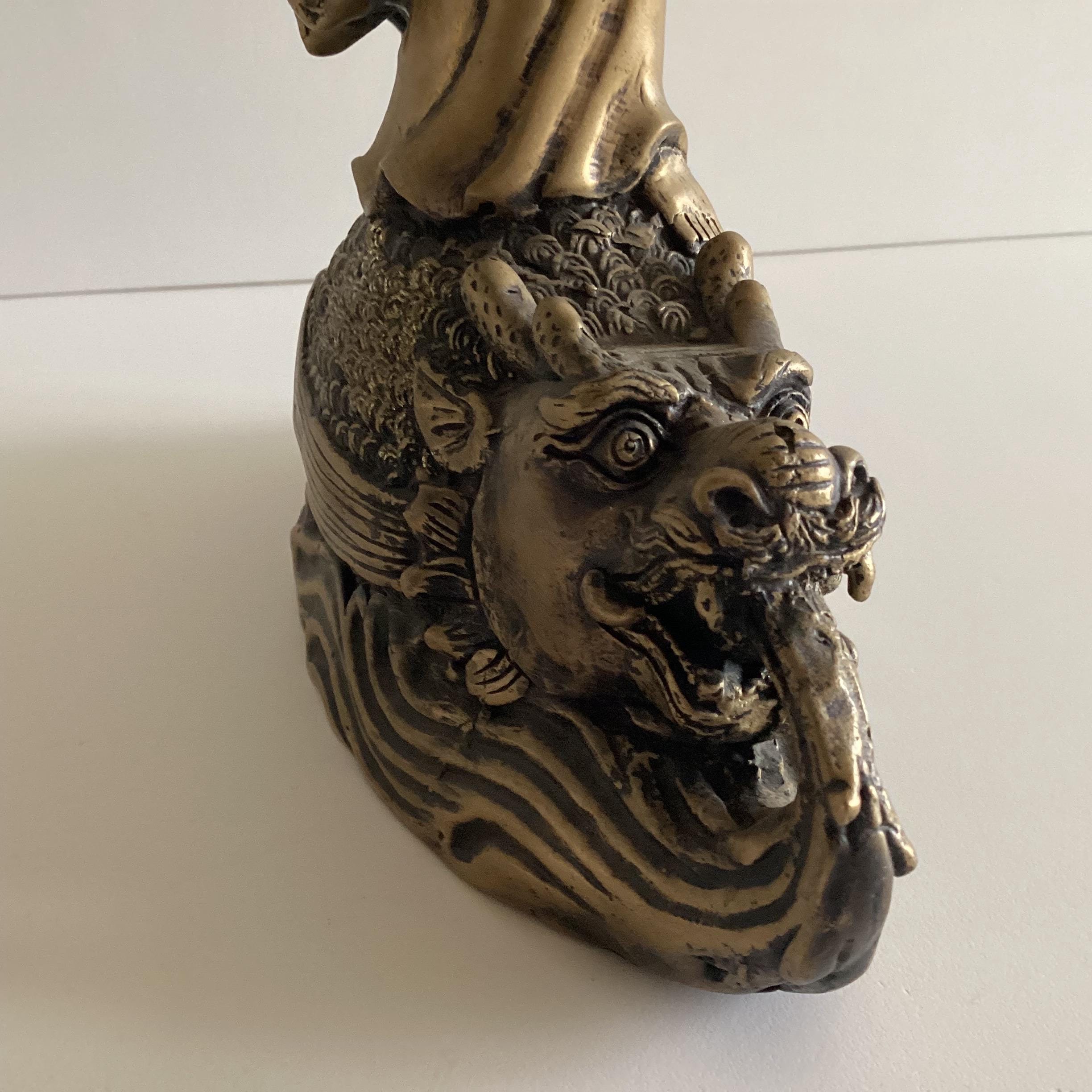 Antique Chinese Statue | Guan Yin with Dragon Fish, 1900s Brass Alloy Buddhist Sculpture — photo 9 of 11