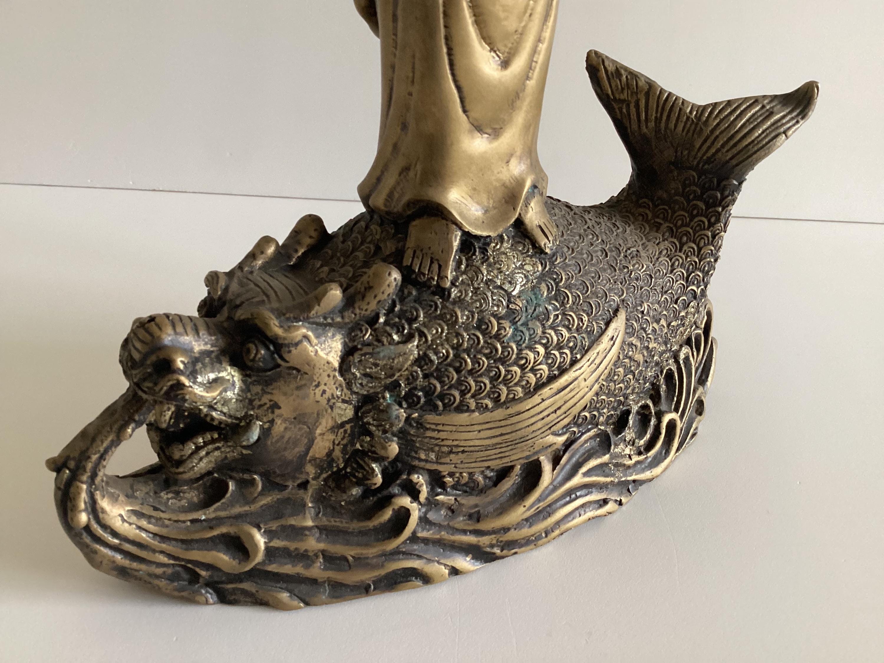 Antique Chinese Statue | Guan Yin with Dragon Fish, 1900s Brass Alloy Buddhist Sculpture — photo 10 of 11