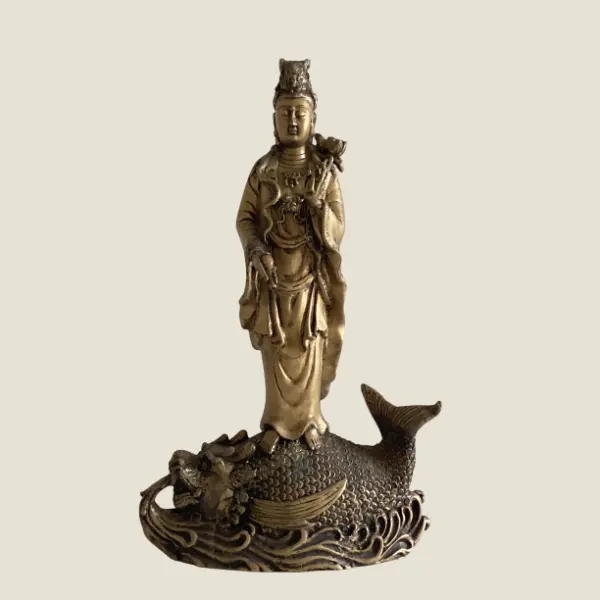 Antique Chinese Statue | Guan Yin with Dragon Fish, 1900s Brass Alloy Buddhist Sculpture