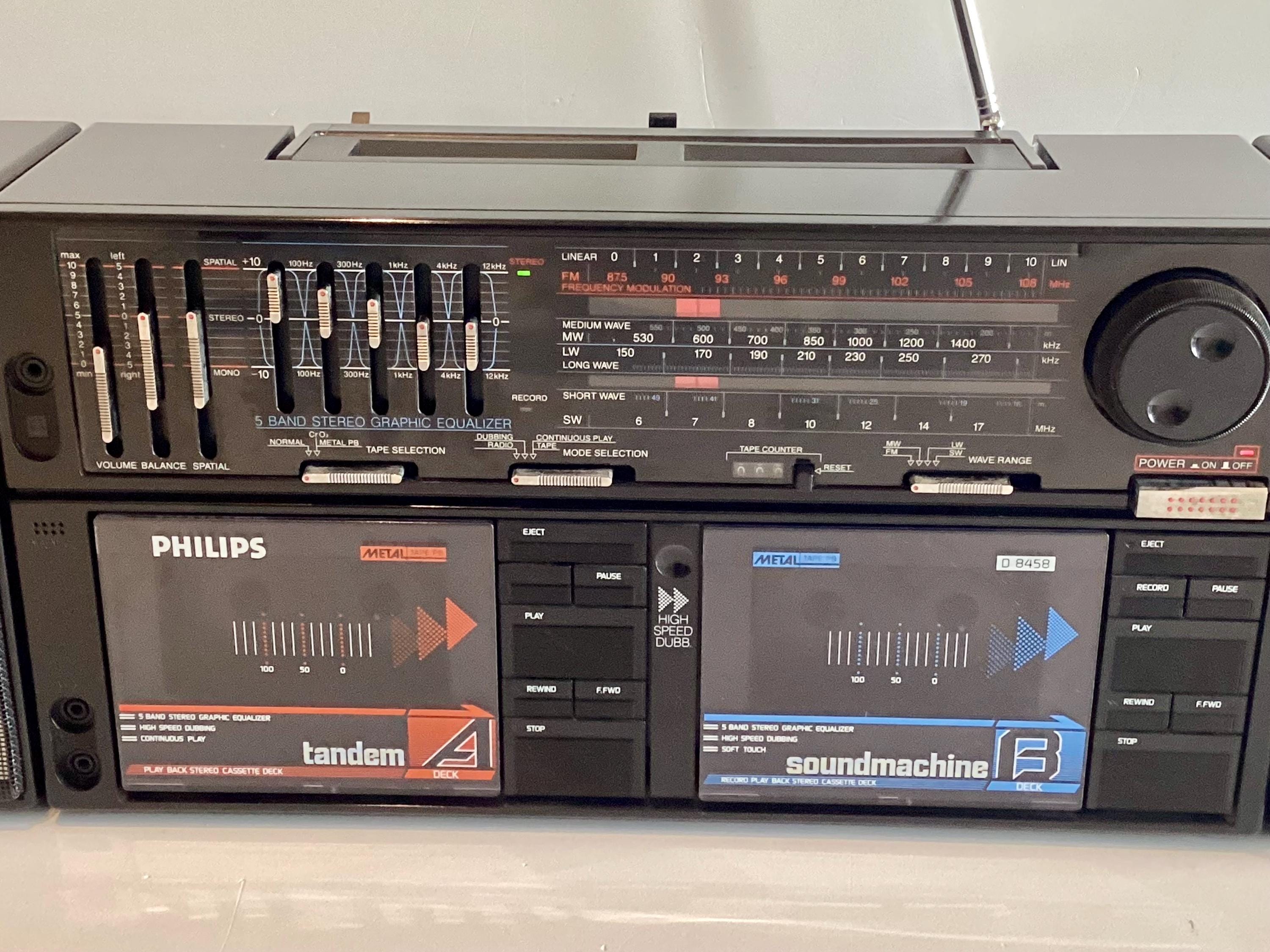 Vintage Boombox Philips D8458/30R (Austria 1980s), Double Cassette Player, Detachable Speakers, Working — photo 5 of 10