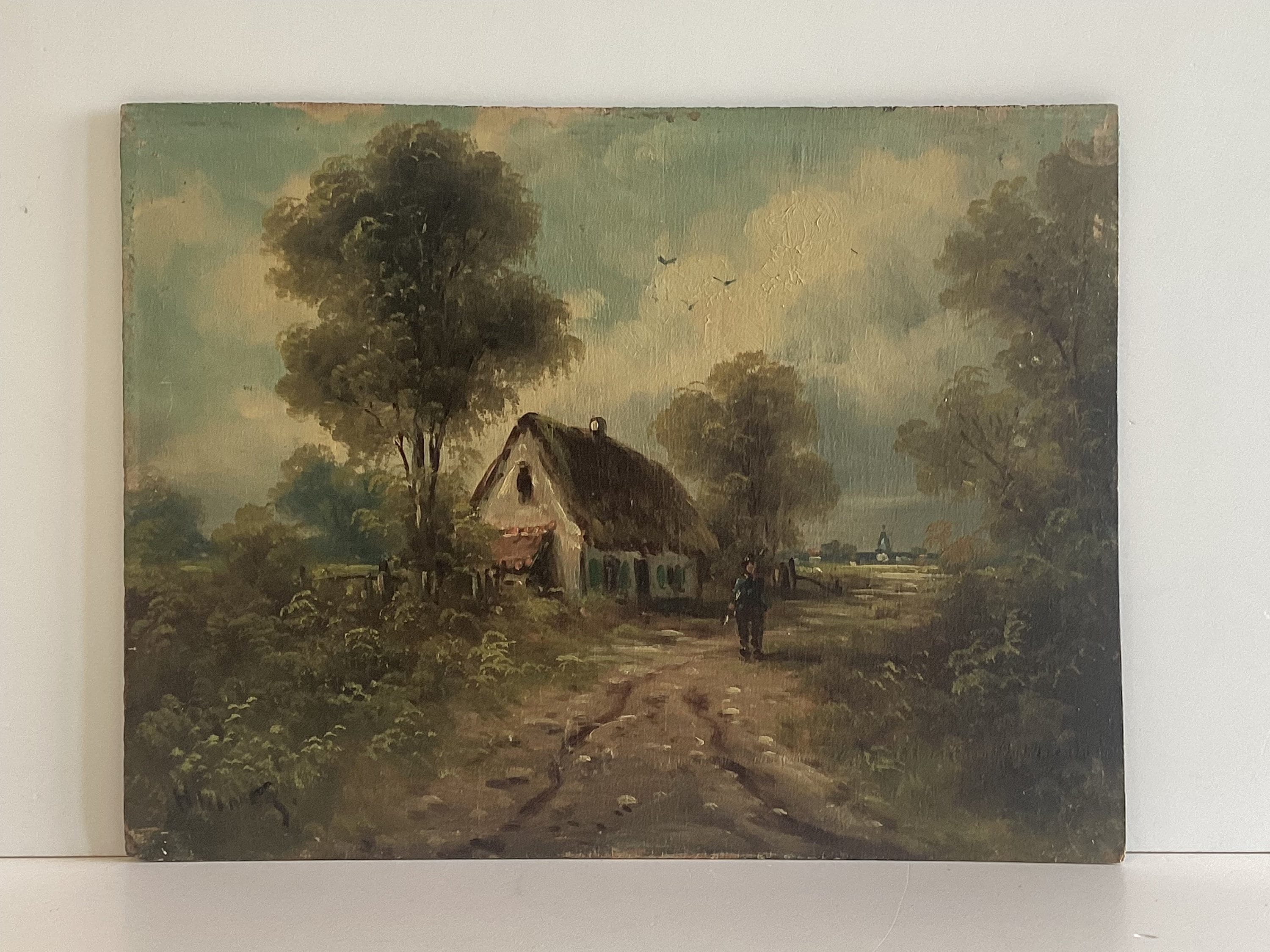 Vintage Oil Painting | 1900s Dutch Landscape, Signed Country Scene on Wood Panel — photo 2 of 8