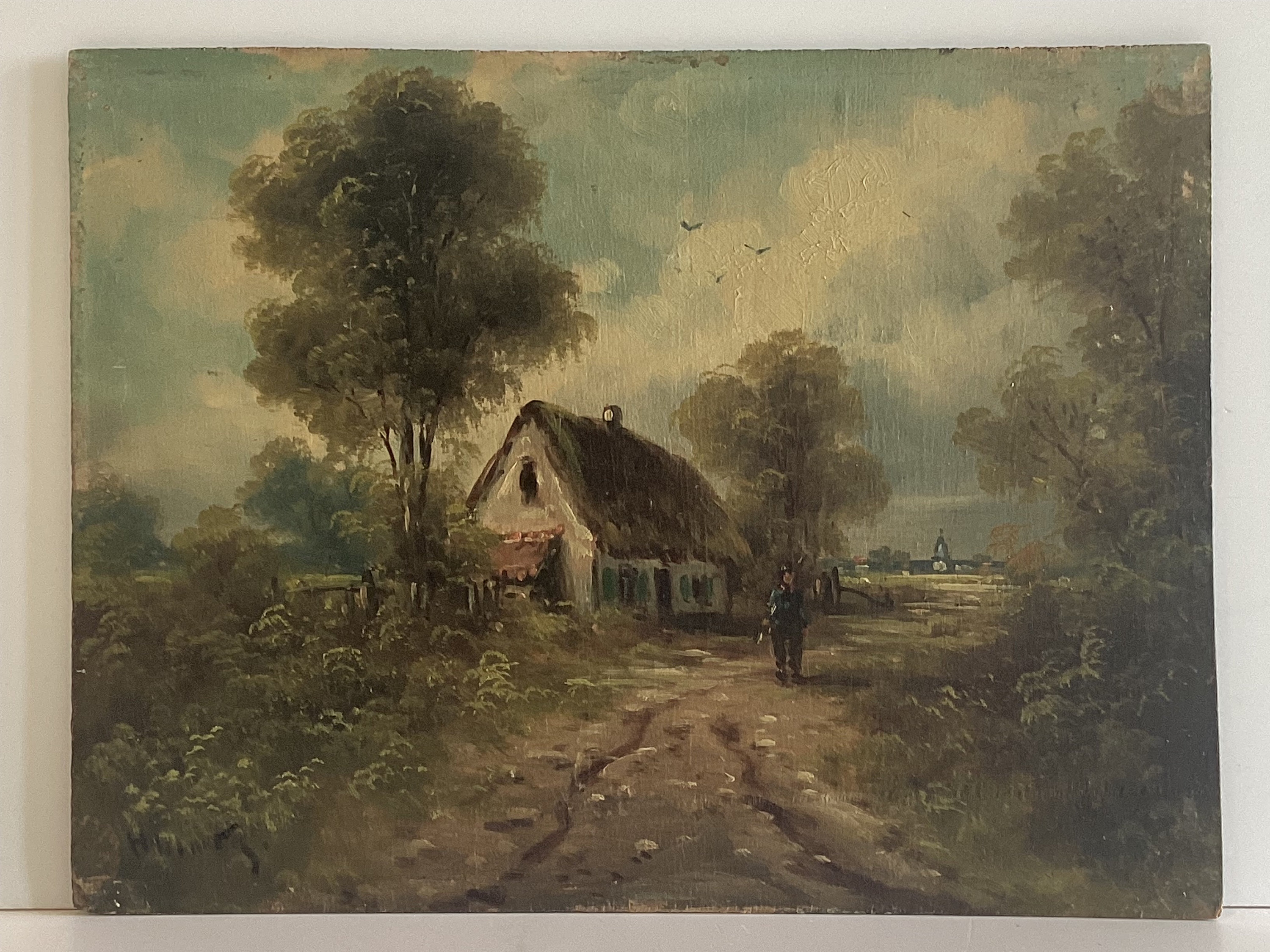 Vintage Oil Painting | 1900s Dutch Landscape, Signed Country Scene on Wood Panel — photo 3 of 8