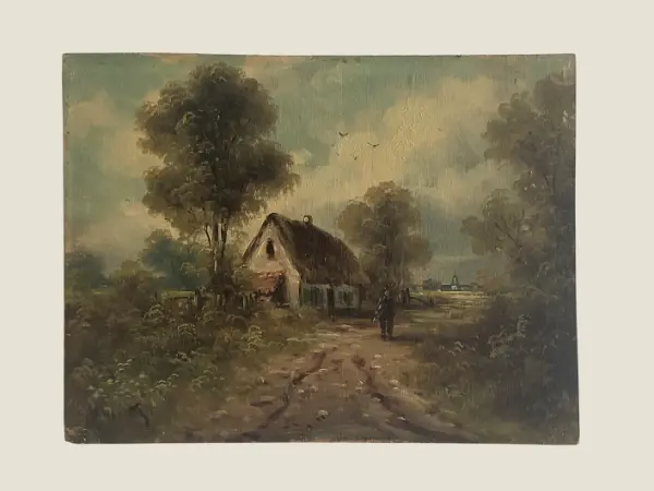 Vintage Oil Painting | 1900s Dutch Landscape, Signed Country Scene on Wood Panel