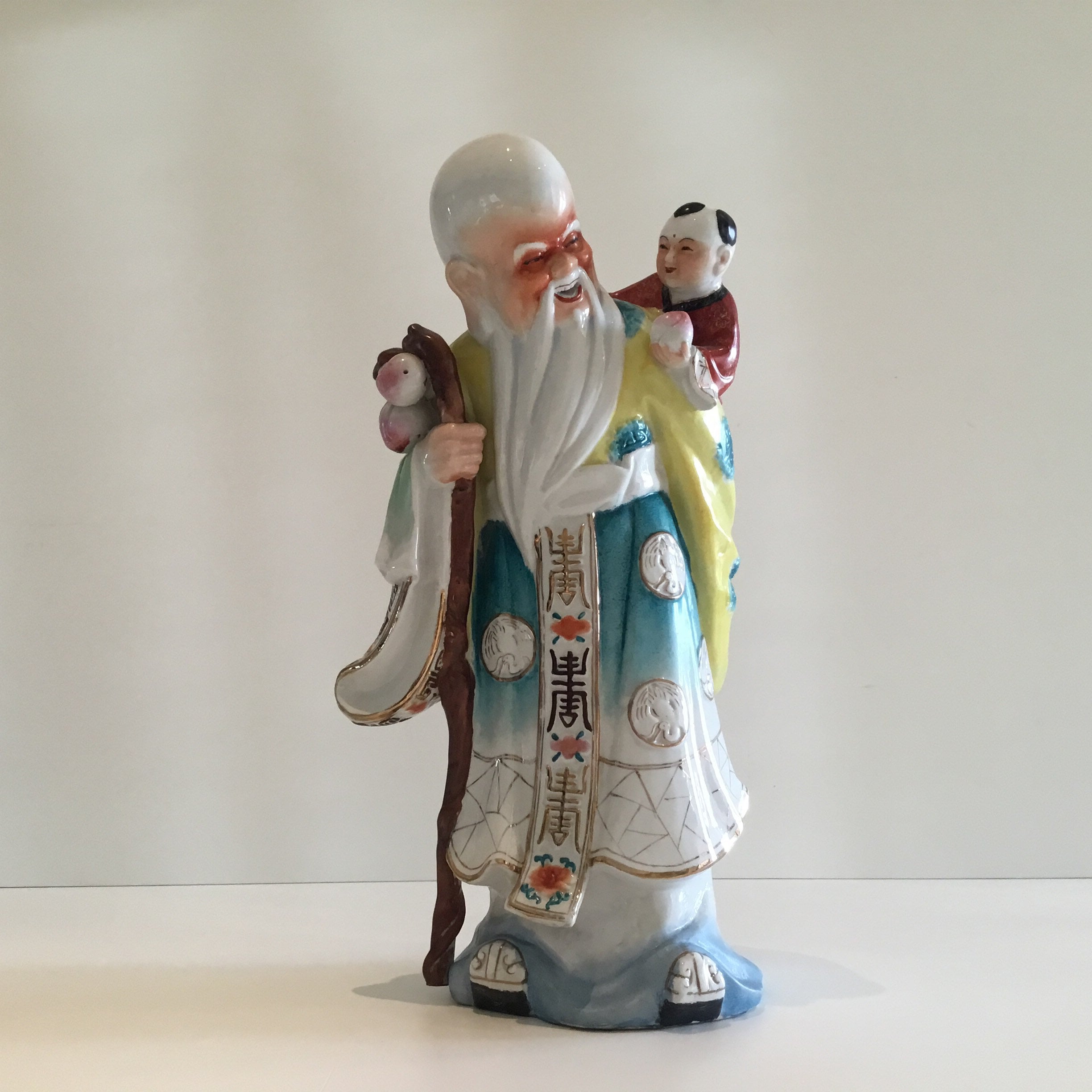 Vintage Chinese Porcelain | 1950s Wise Old Man with Child, Thick Hand Painted Sculpture — photo 2 of 8