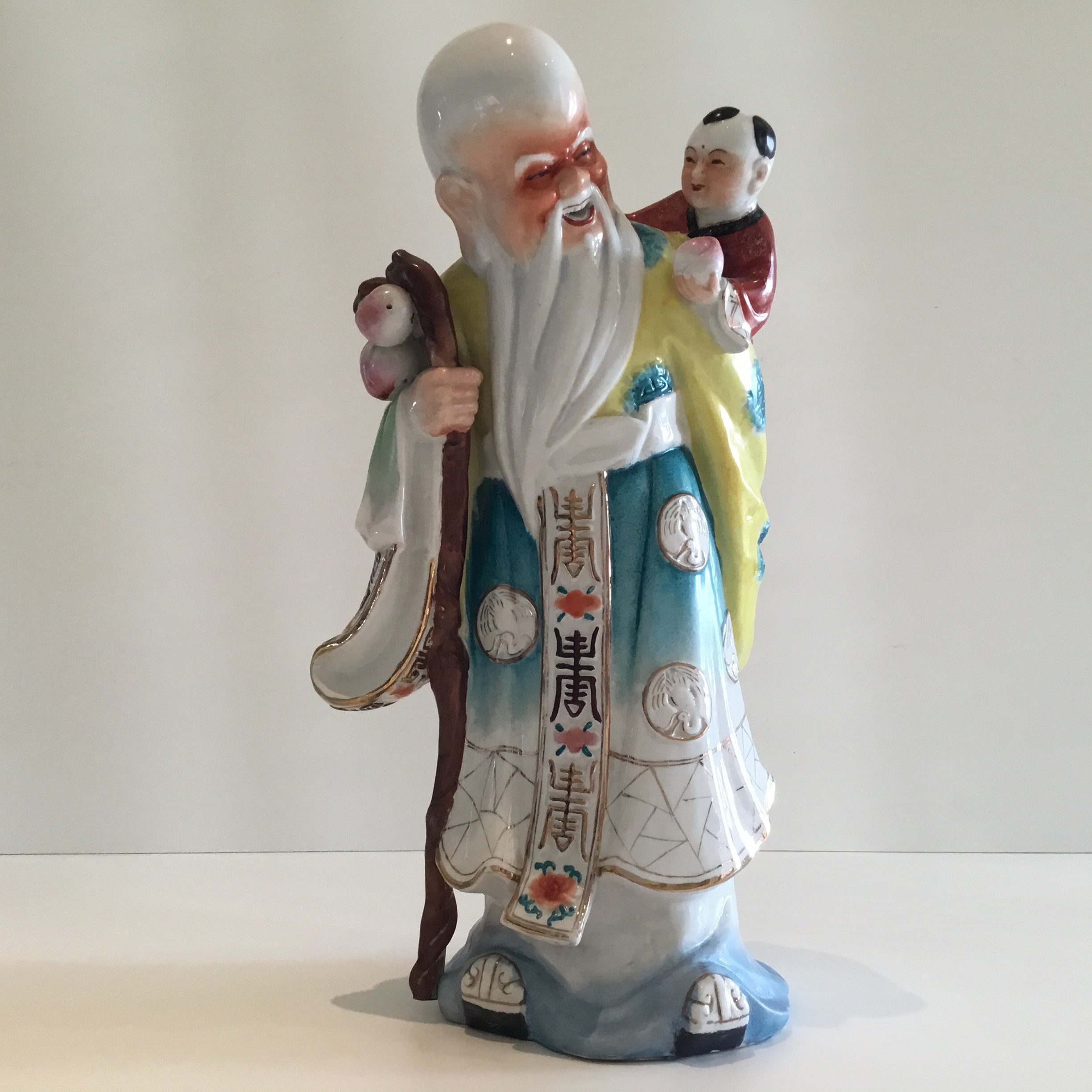 Vintage Chinese Porcelain | 1950s Wise Old Man with Child, Thick Hand Painted Sculpture — photo 3 of 8