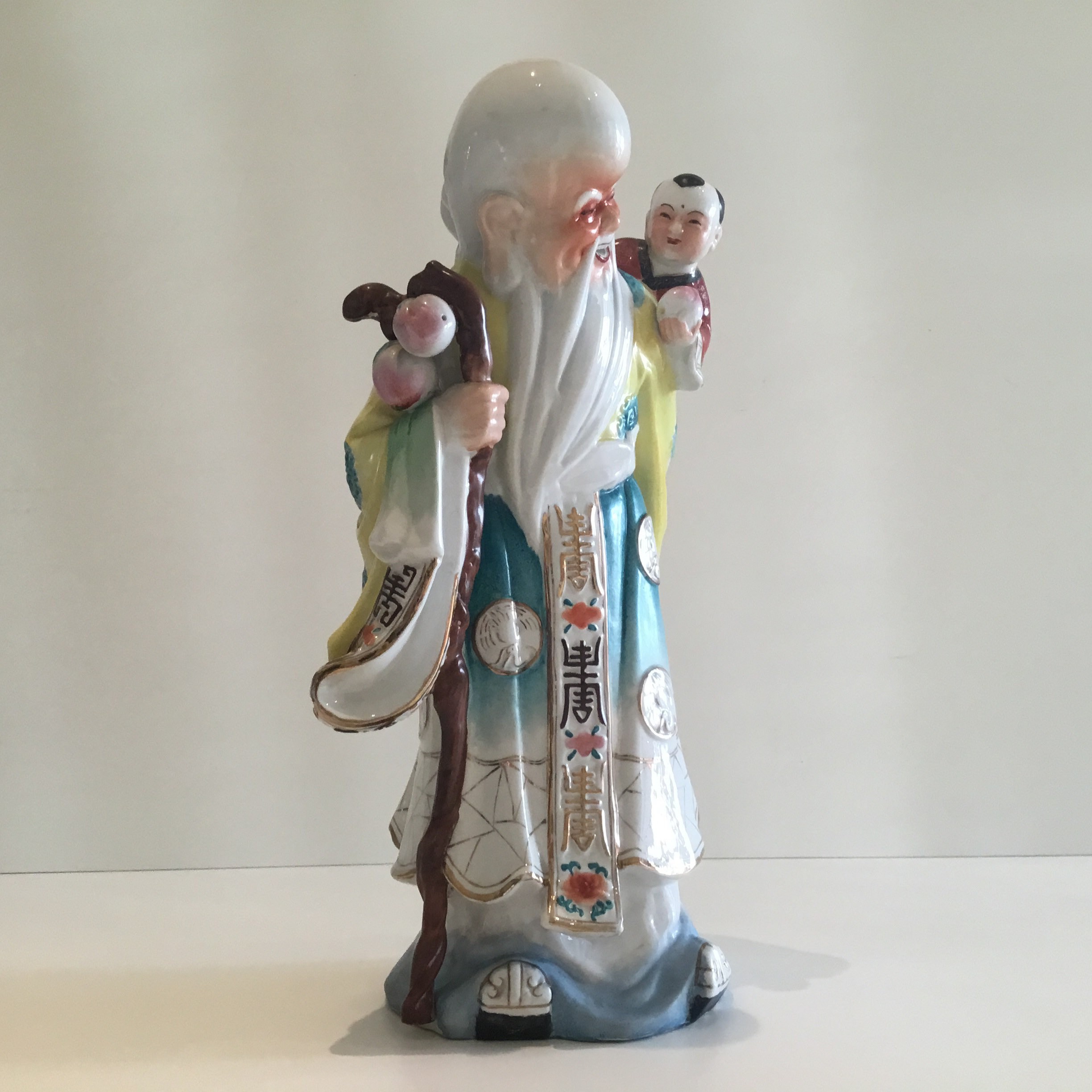Vintage Chinese Porcelain | 1950s Wise Old Man with Child, Thick Hand Painted Sculpture — photo 4 of 8