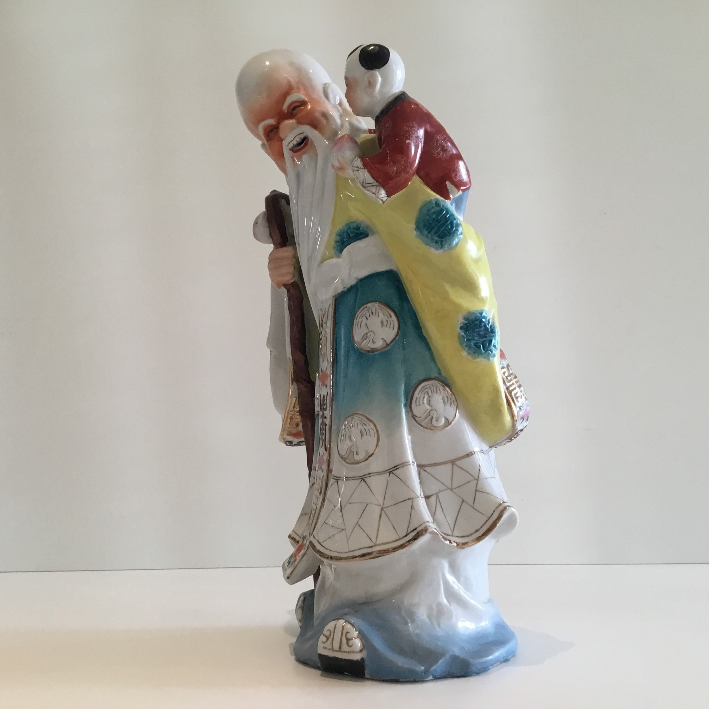 Vintage Chinese Porcelain | 1950s Wise Old Man with Child, Thick Hand Painted Sculpture — photo 6 of 8