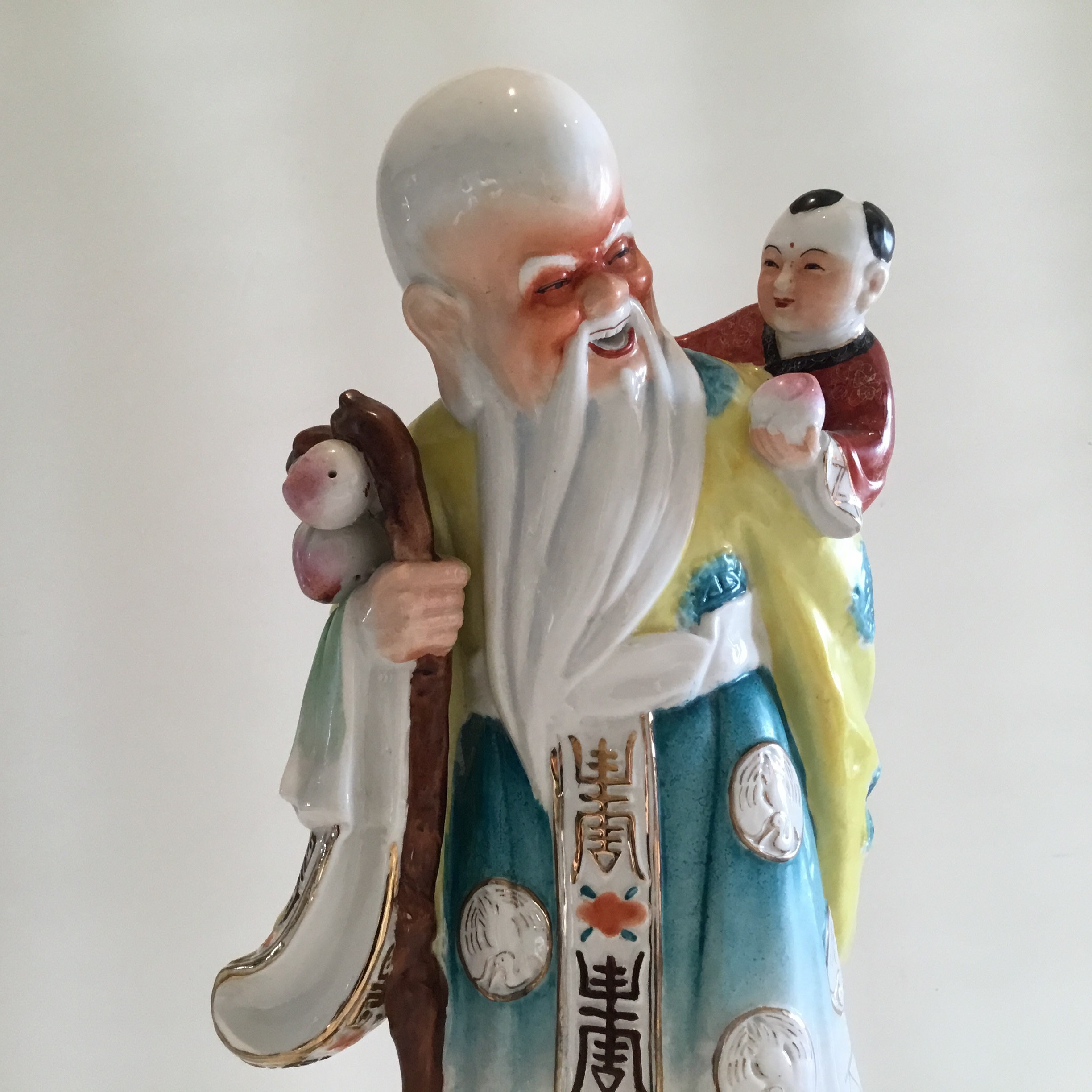 Vintage Chinese Porcelain | 1950s Wise Old Man with Child, Thick Hand Painted Sculpture — photo 7 of 8