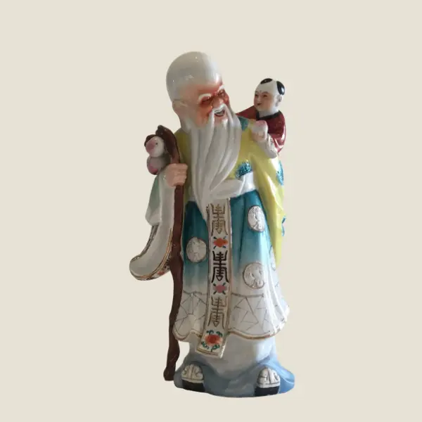 Vintage Chinese Porcelain | 1950s Wise Old Man with Child, Thick Hand Painted Sculpture
