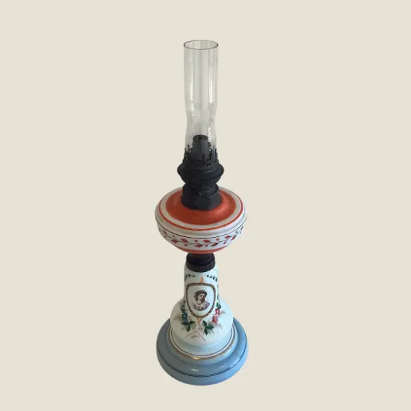 Antique Oil Lamp | 1880s Germany Kosmos Brenner, Hand-Painted Opaline Glass & Patinated Metal