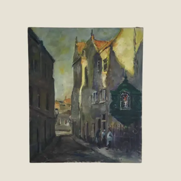 Vintage Cityscape Painting | Paul Hermans 1930s Belgium, Oil on Canvas Urban Alley