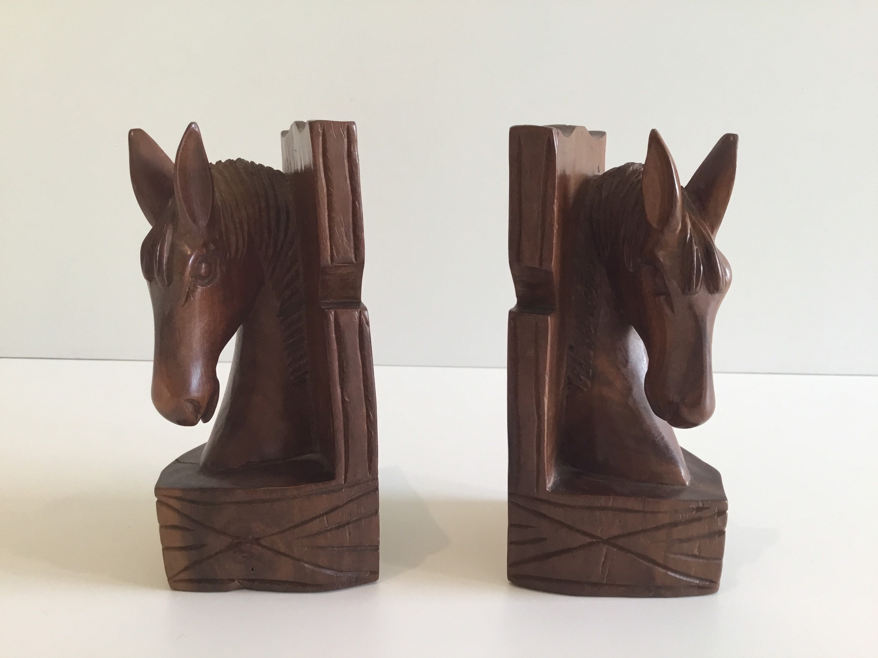 Vintage Bookends | 1960s Hand-Carved Exotic Wood Horses, Solid Wood Book Stops — photo 3 of 7
