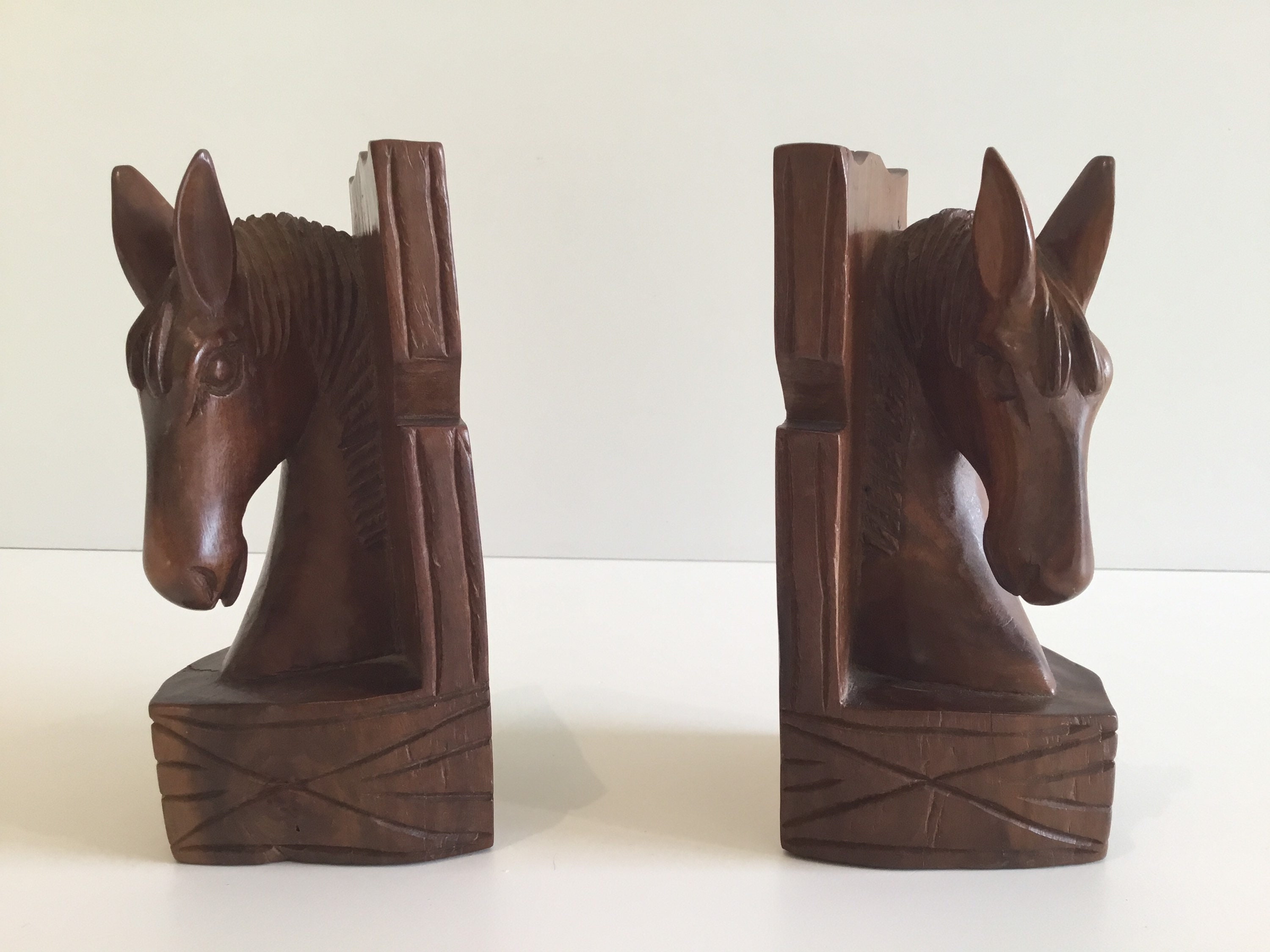Vintage Bookends | 1960s Hand-Carved Exotic Wood Horses, Solid Wood Book Stops — photo 4 of 7