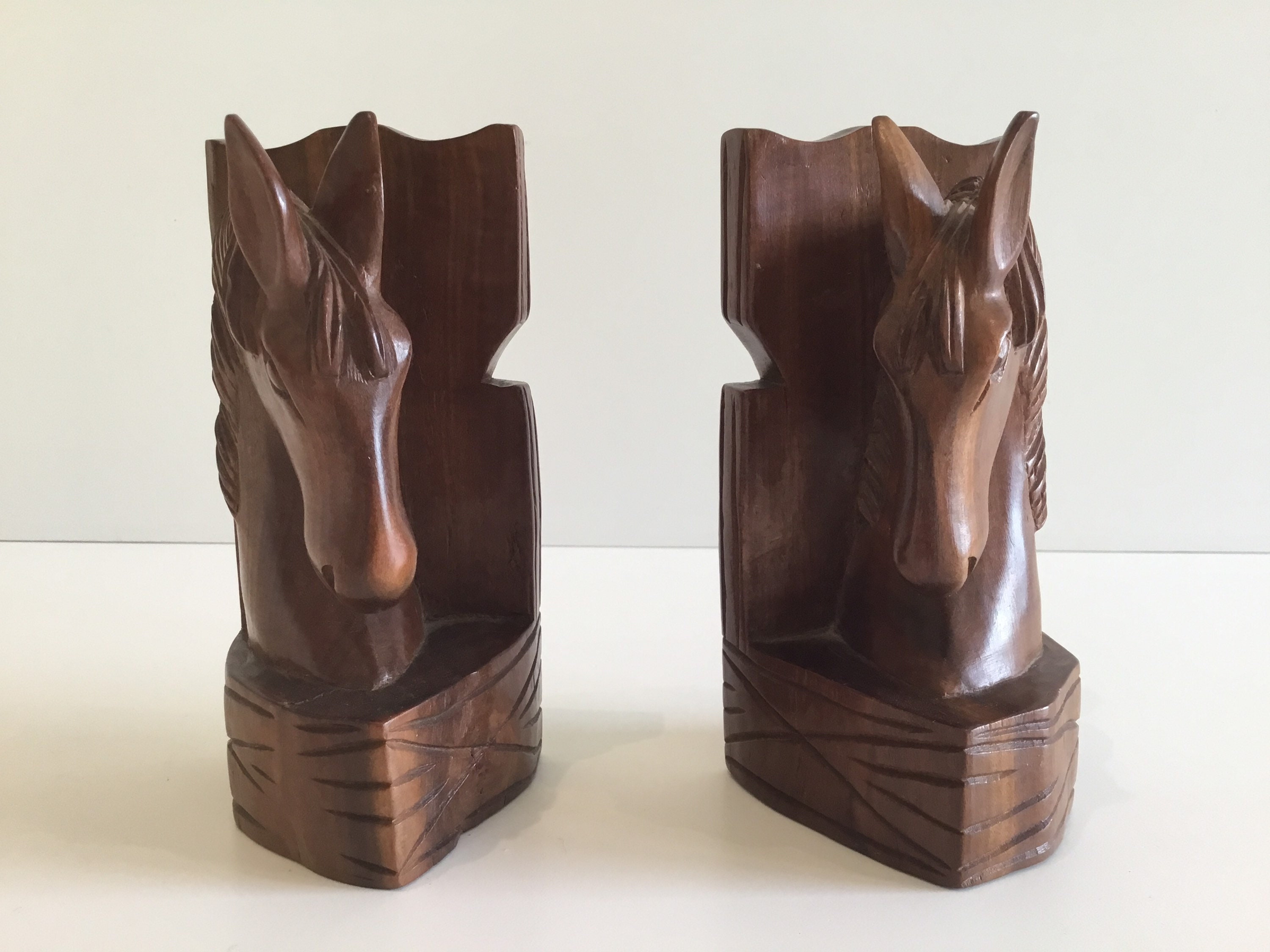 Vintage Bookends | 1960s Hand-Carved Exotic Wood Horses, Solid Wood Book Stops — photo 5 of 7