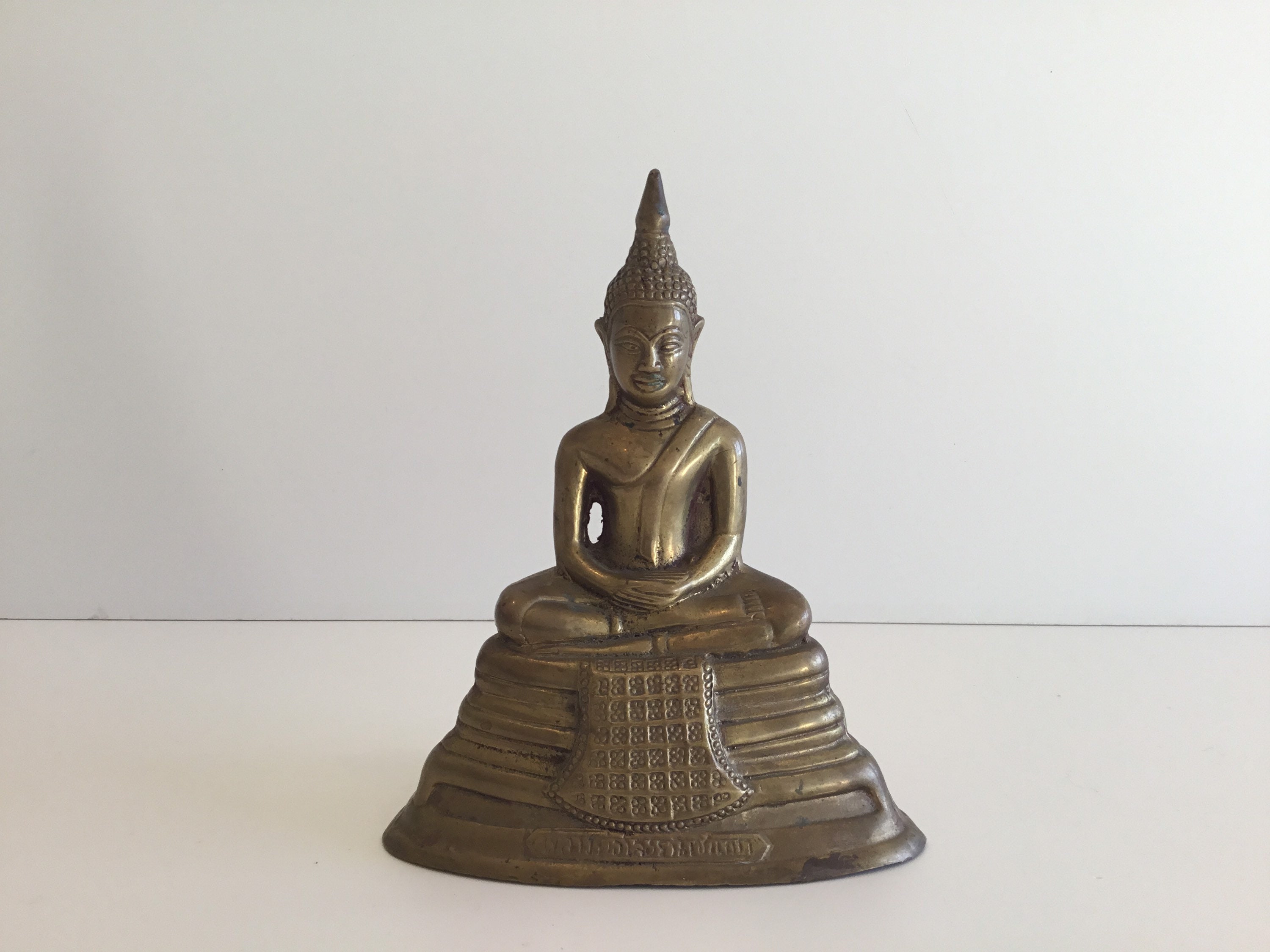 Vintage Bronze Buddha | 1930s Tibetan Inscribed Statue, Front & Back Mantra — photo 2 of 10