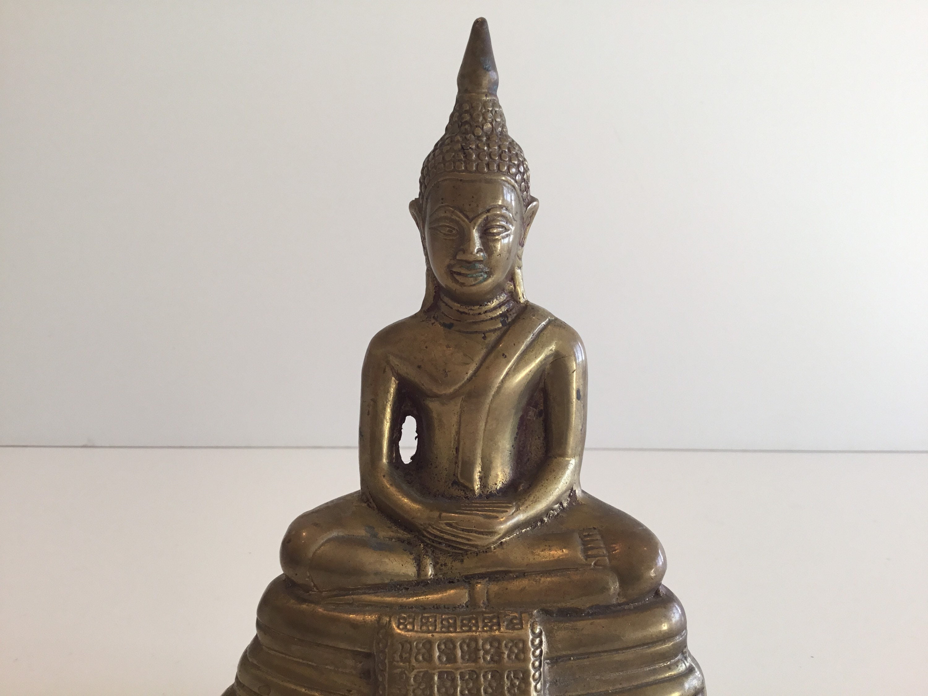 Vintage Bronze Buddha | 1930s Tibetan Inscribed Statue, Front & Back Mantra — photo 4 of 10