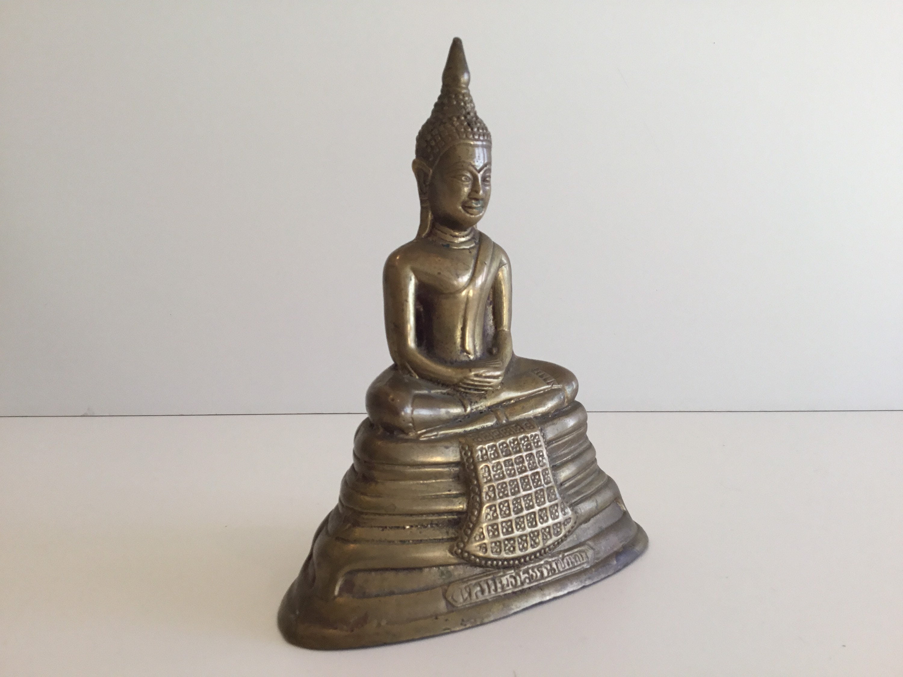 Vintage Bronze Buddha | 1930s Tibetan Inscribed Statue, Front & Back Mantra — photo 5 of 10