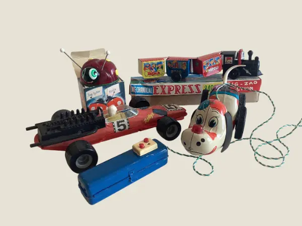Vintage Toy Lot | 1950s Battery & Wind-Up Toys, Tin Dog, Train, Clutch Car, Ladybug