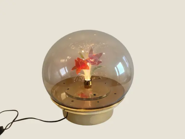 Vintage Table Lamp | 1970s Italian Smoked Plexiglas, Rotating Optic Fiber Flower