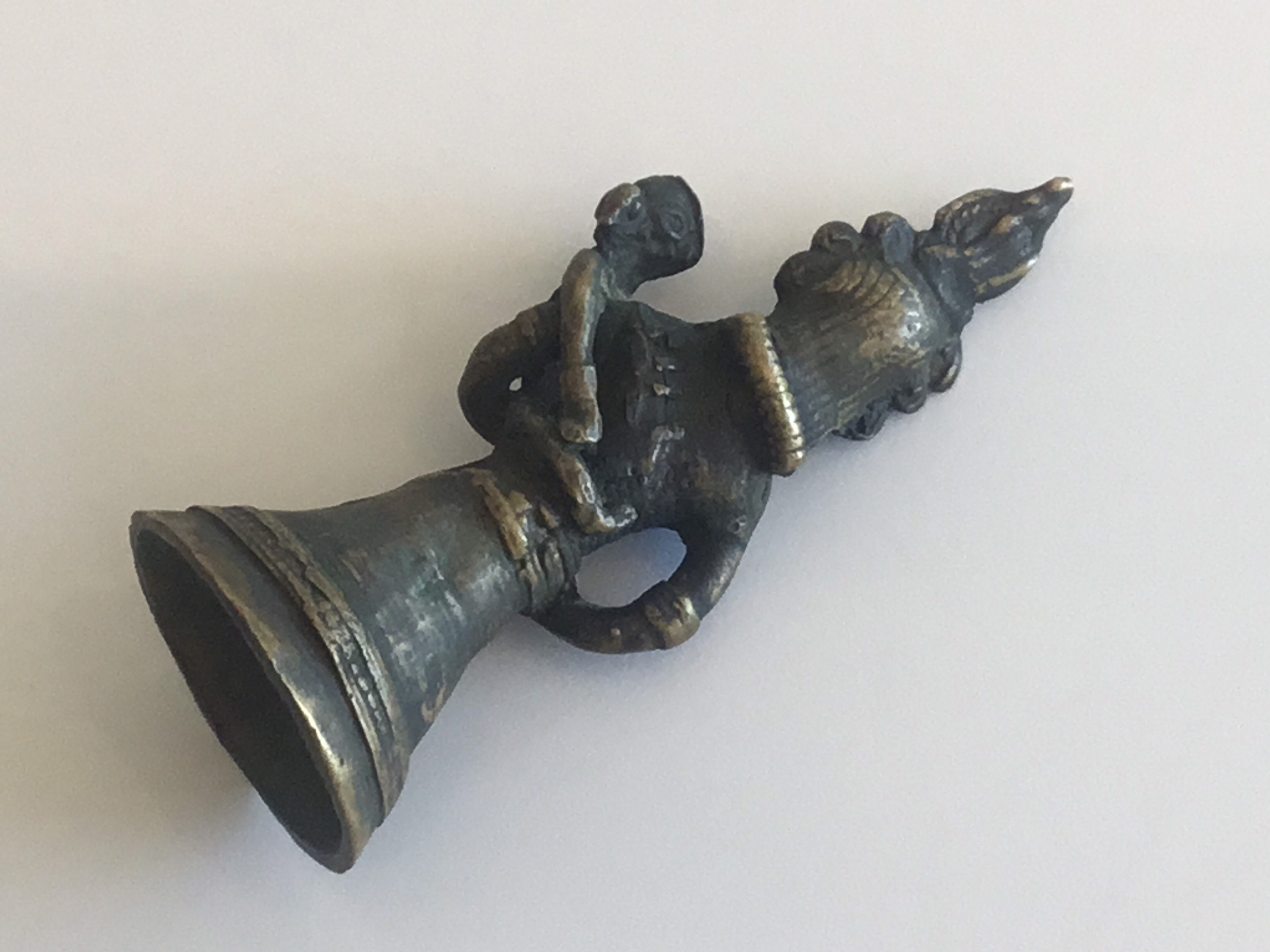 Antique Bronze Bell | 1800s Indian Ritual Art, Mythological Figure with Child — photo 4 of 10