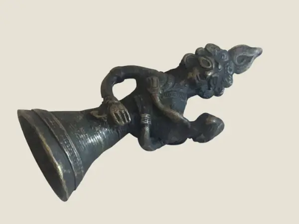 Antique Bronze Bell | 1800s Indian Ritual Art, Mythological Figure with Child