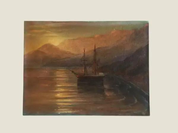 Antique Seascape Painting | Late 19th Century Turkish Coast Sunset Ship, Oil on Canvas